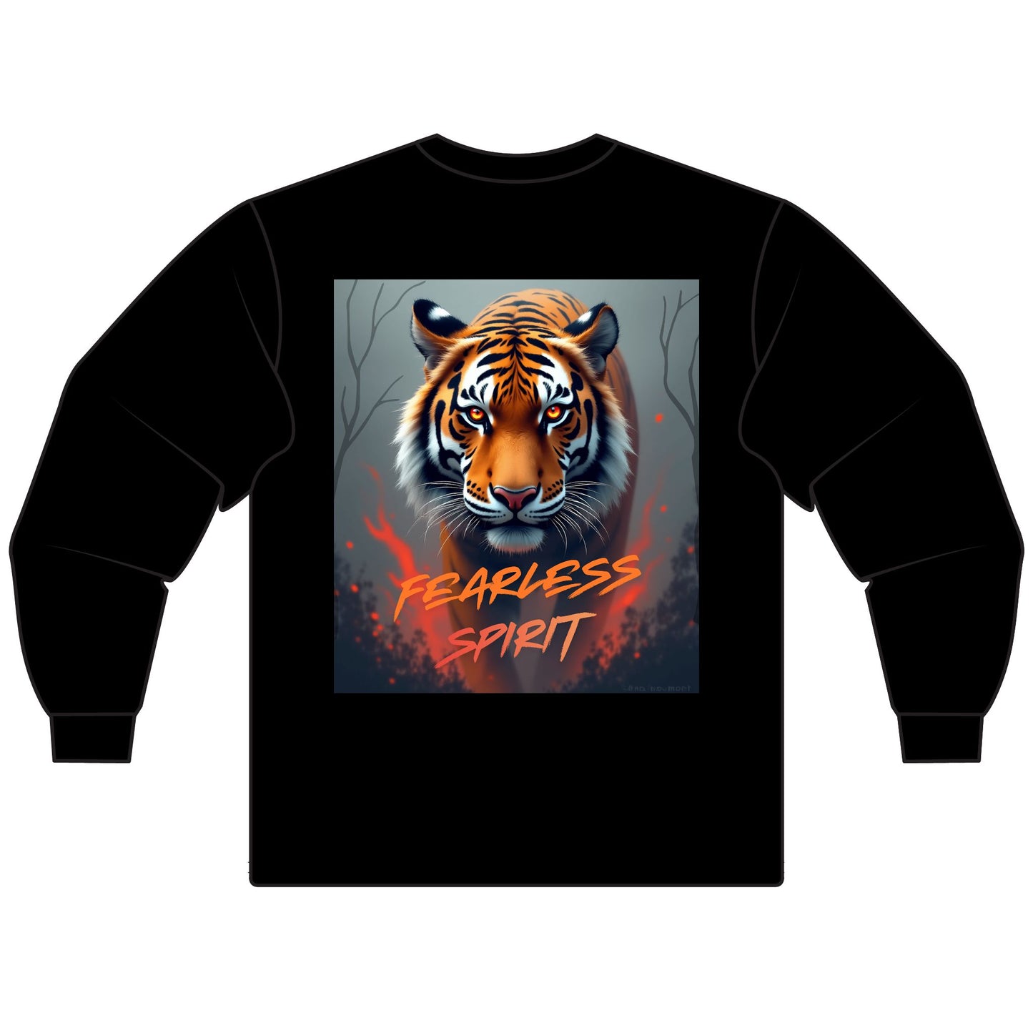 Black sweatshirt with a tiger graphic and 'Fearless Spirit' text on a white background