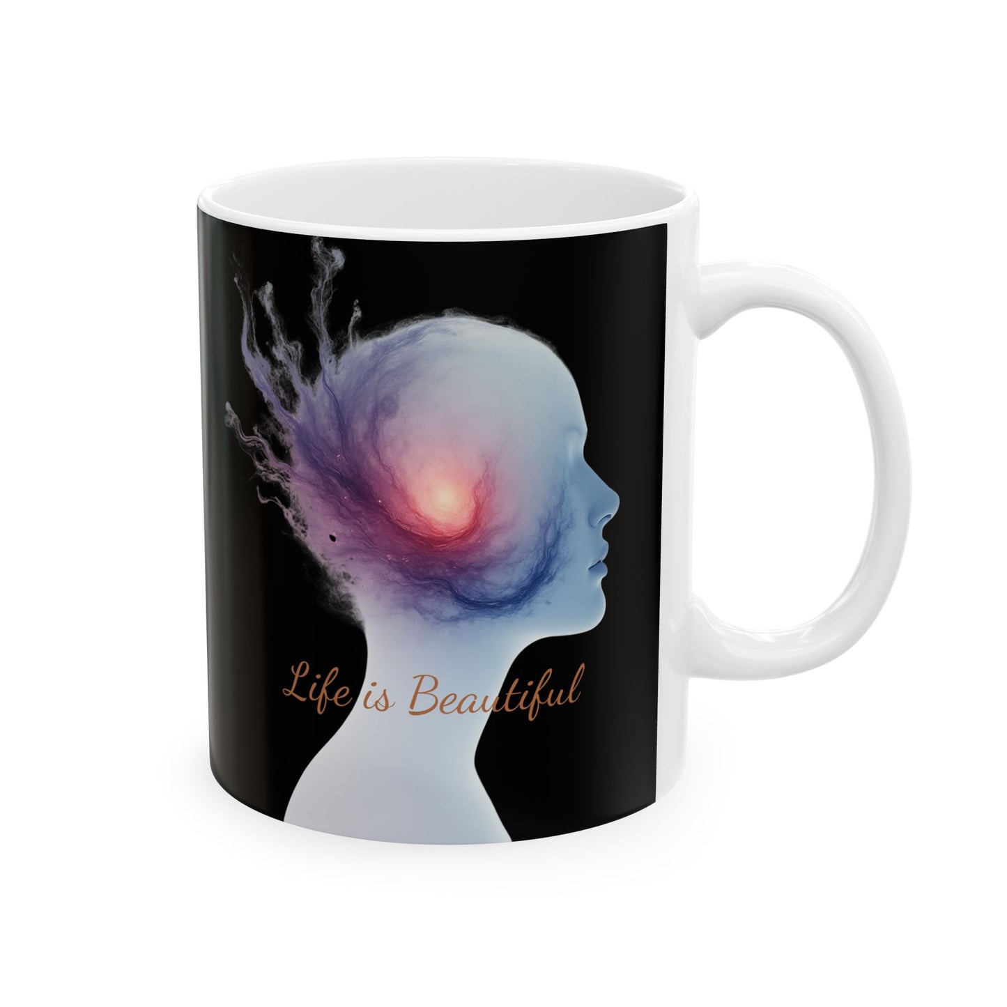 Mug with a design of a silhouette of a head and 'Life is Beautiful' text on a black background
