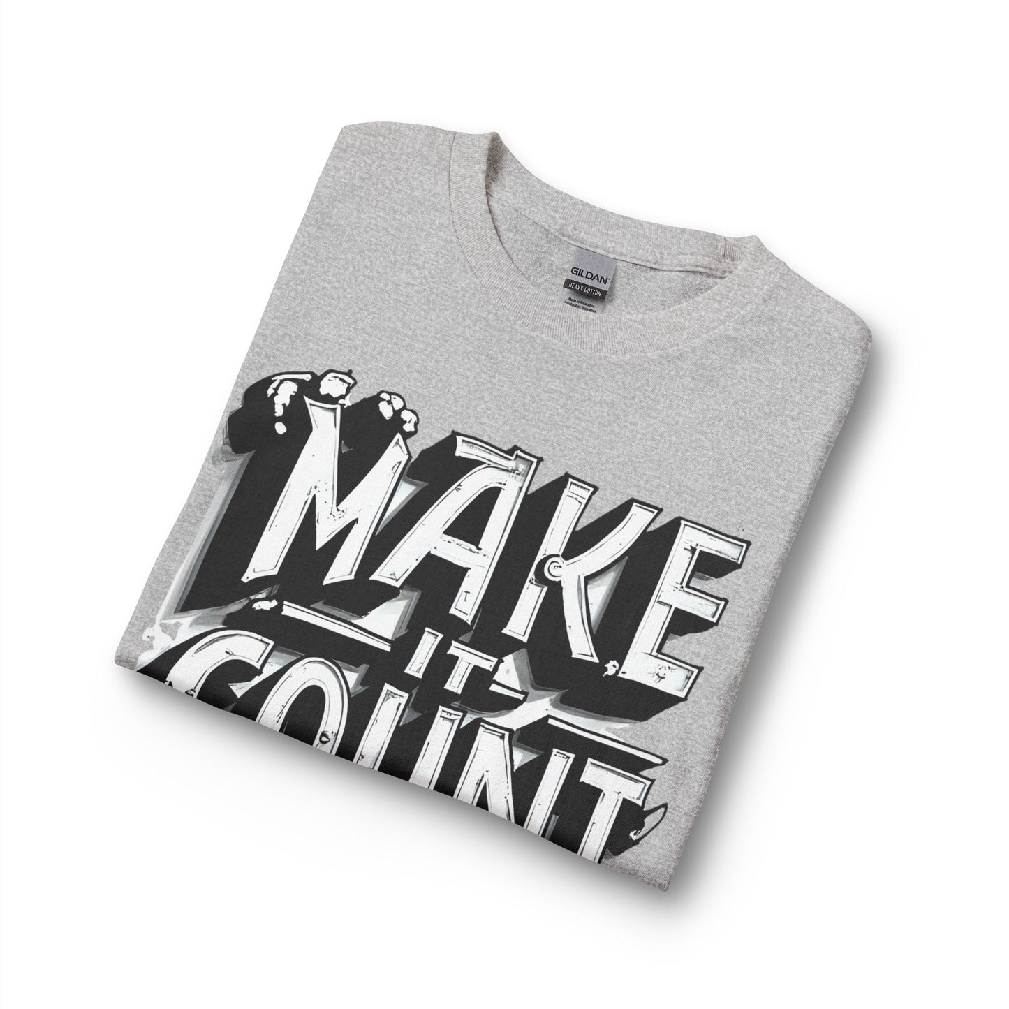 Gray t-shirt with black graphic design on a white background