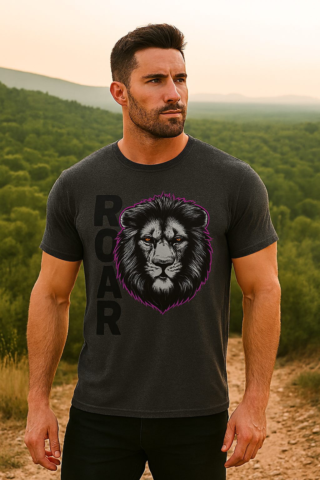 Man wearing a black t-shirt with a lion graphic and 'ROAR' text in a forest setting