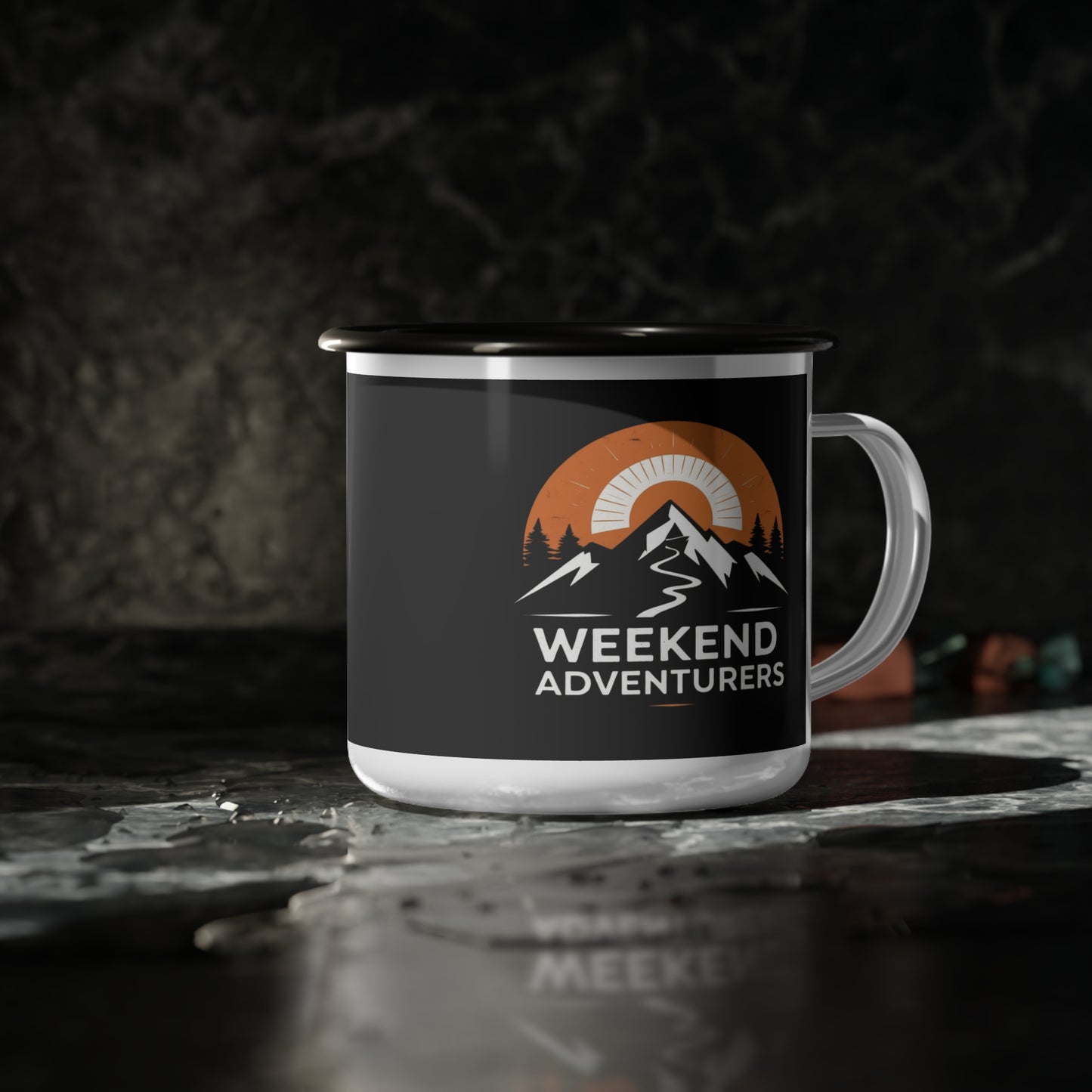 Mug with 'Weekend Adventurers' design on a dark background
