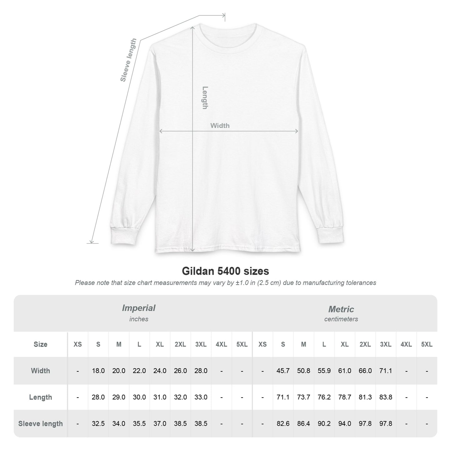 Measurement chart for Gildan 5400 shirts with size chart and dimensions.