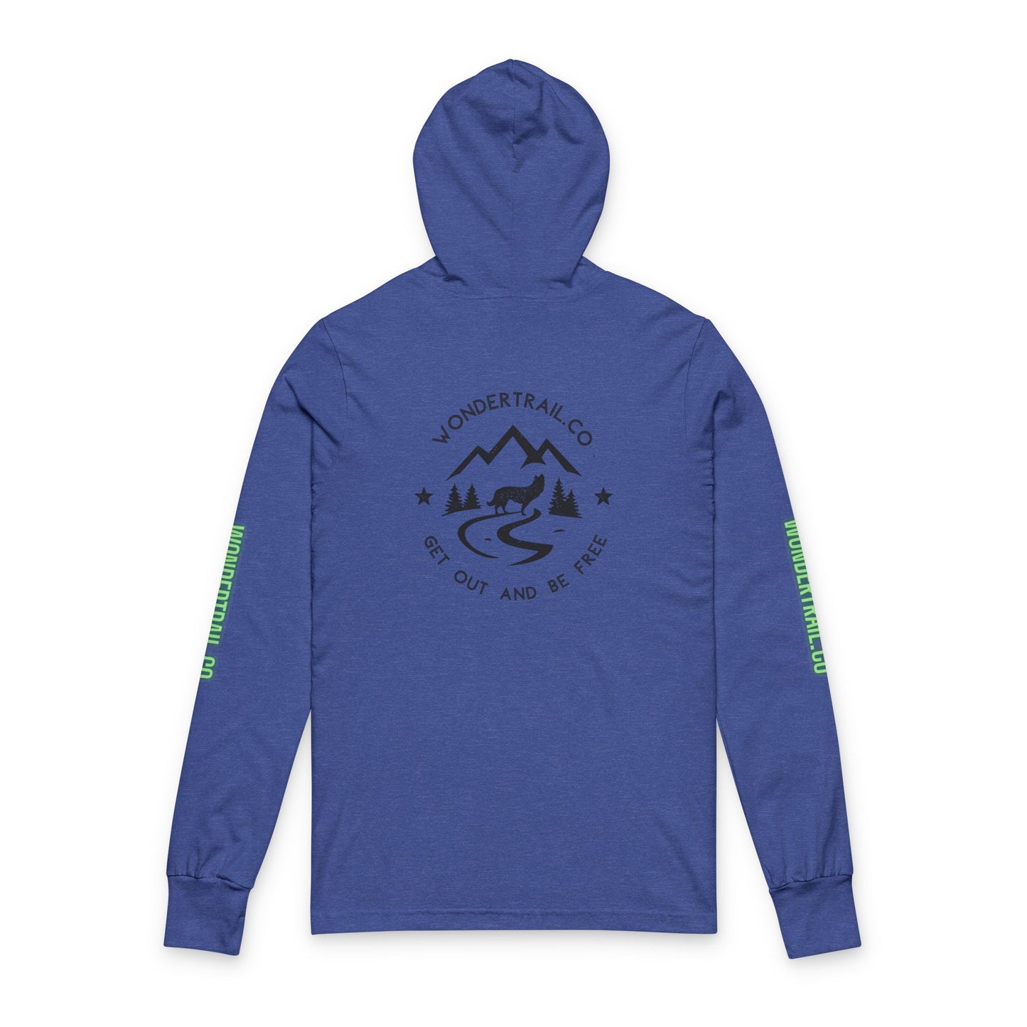 Blue hoodie with a logo and text on a white background