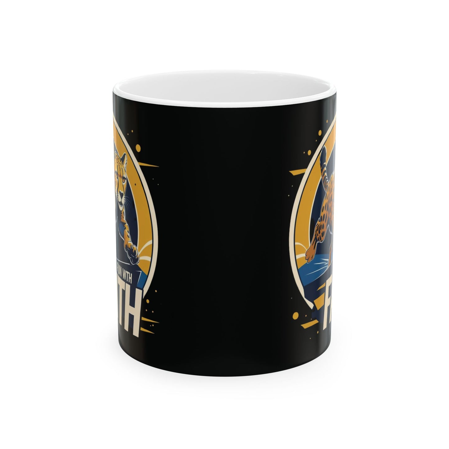 Black mug with a sports team logo and text on a white background