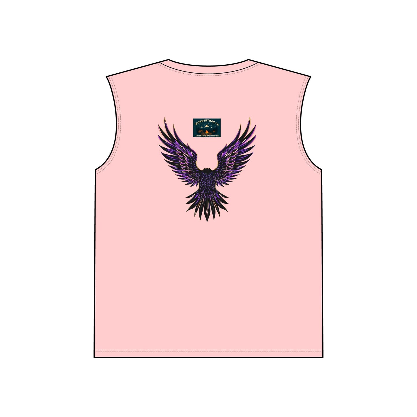 Pink tank top with a purple and black winged design on the back, on a white background.