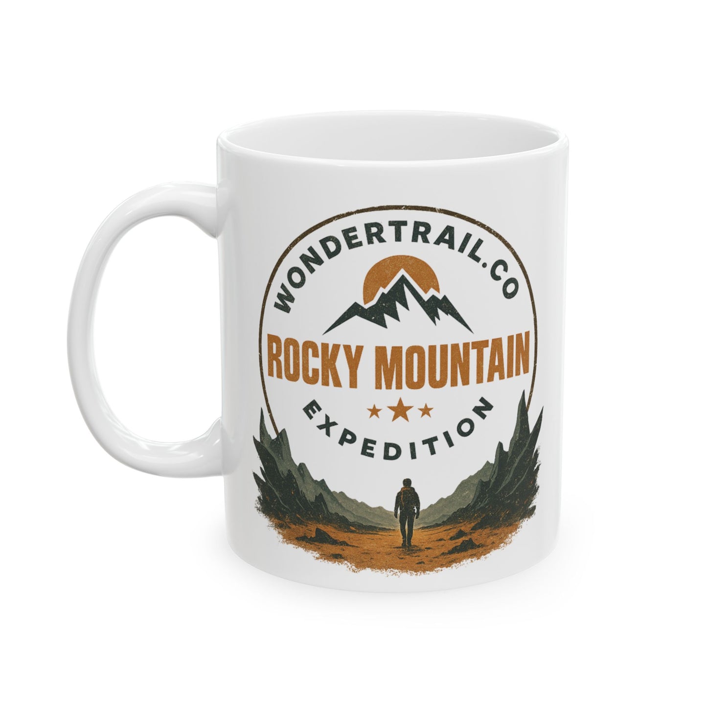 White mug with Rocky Mountain Expedition design and Wondertrail.co branding