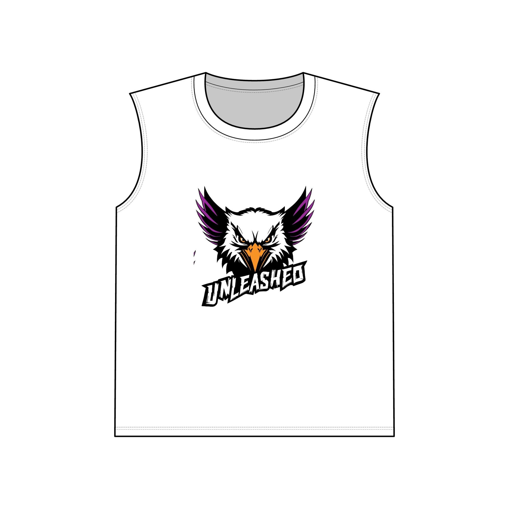 White sleeveless shirt with an eagle logo and 'Unleashed' text on a white background