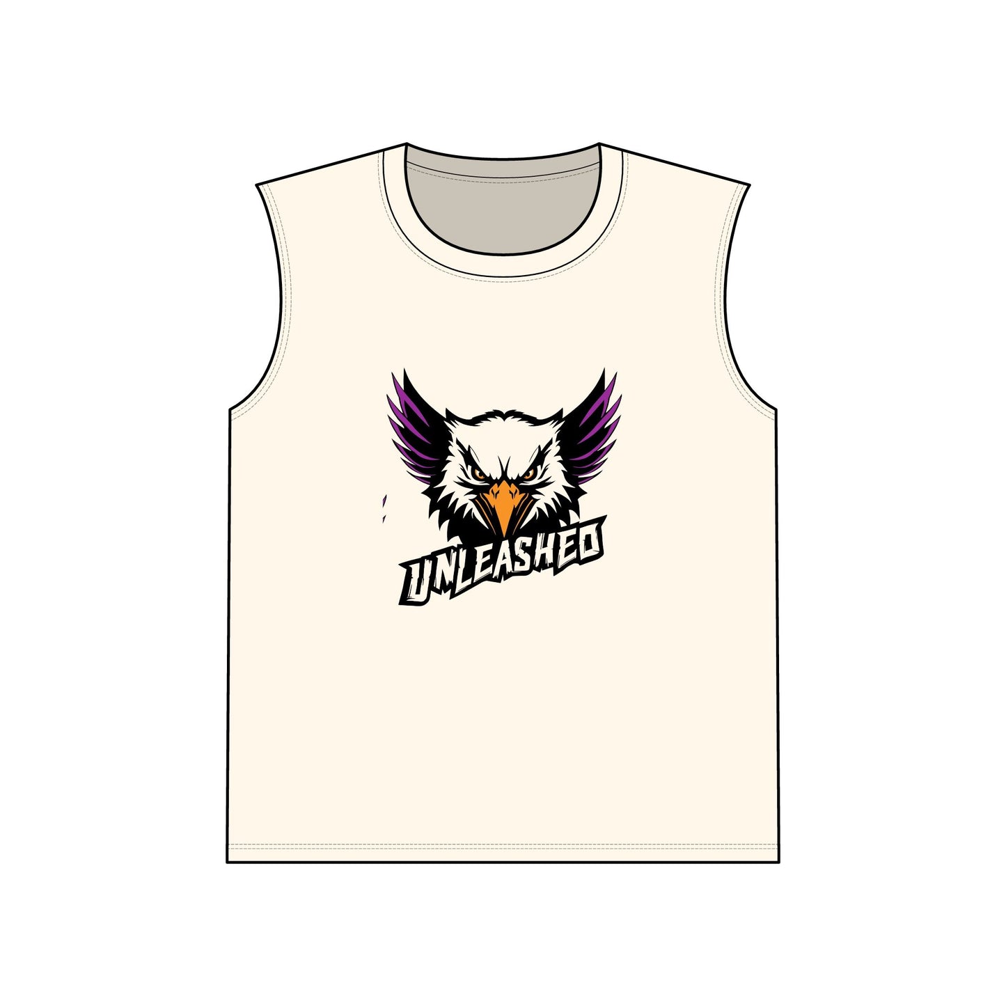 Beige tank top with an eagle logo and 'Unleashed' text on a white background