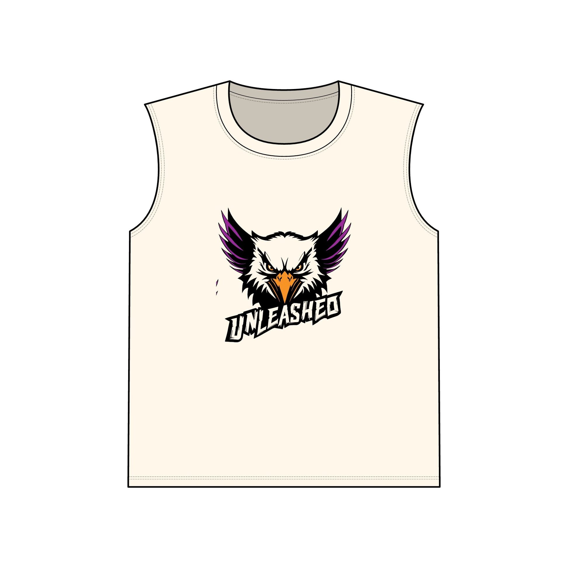 Beige tank top with an eagle logo and 'Unleashed' text on a white background