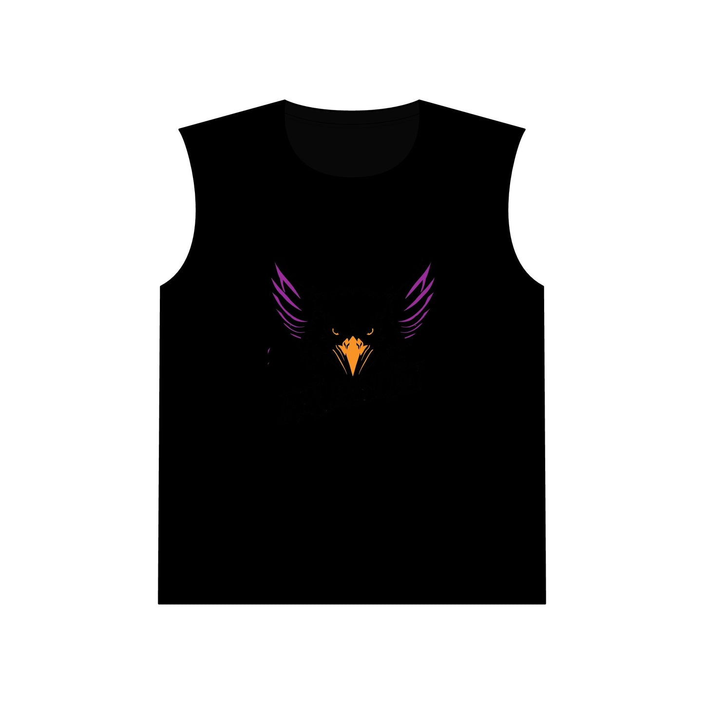 Black sleeveless shirt with a purple and yellow design on a white background
