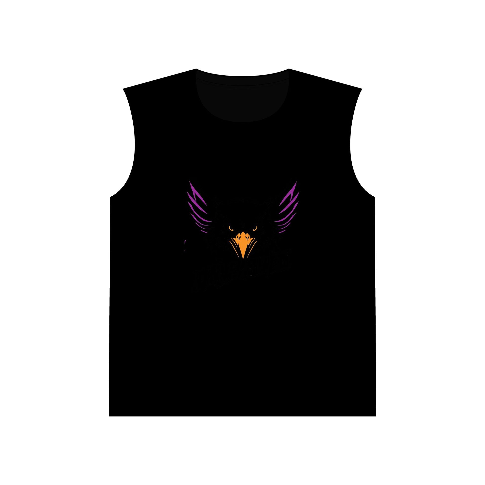 Black sleeveless shirt with a purple and yellow design on a white background