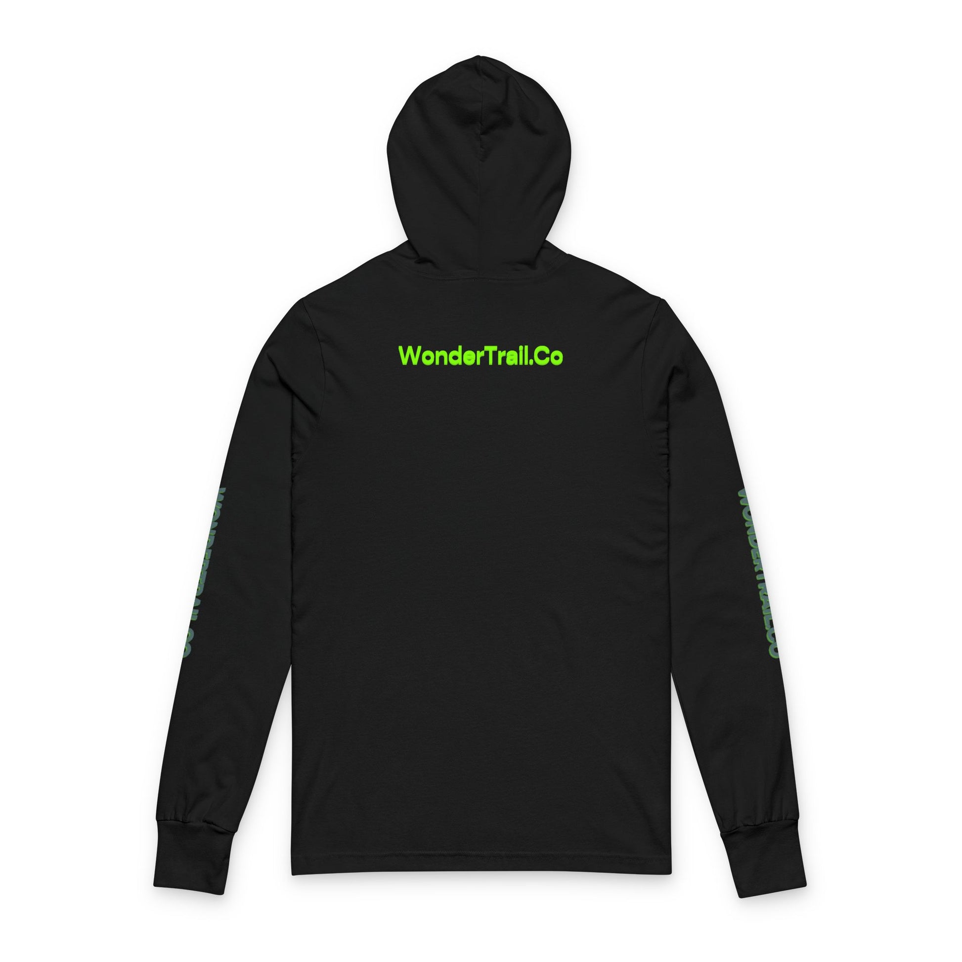 Black hoodie with green text and accents on a white background