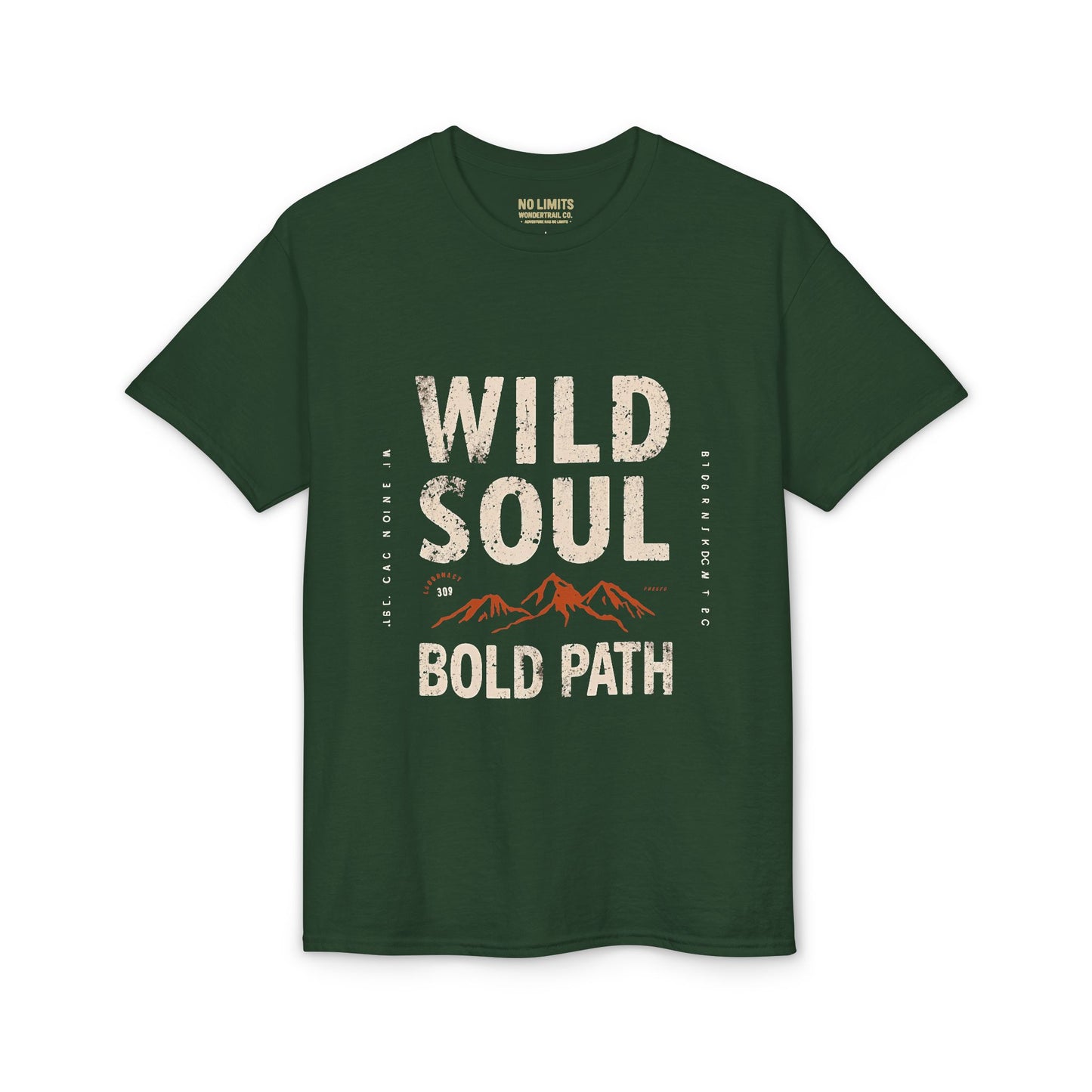 Green t-shirt with 'Wild Soul Bold Path' text and mountain graphic on a white background