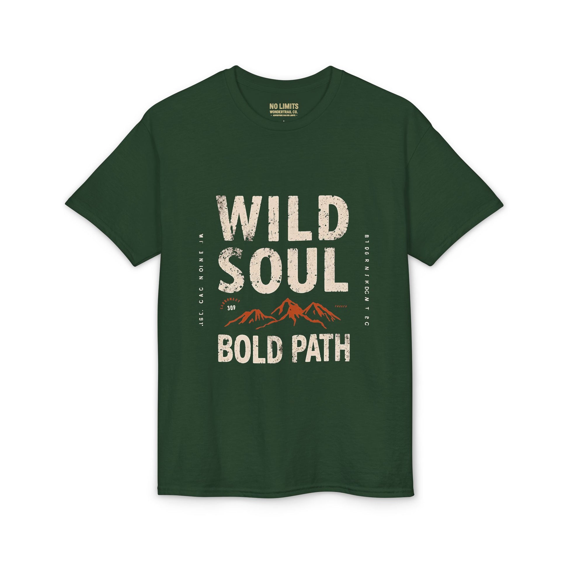 Green t-shirt with 'Wild Soul Bold Path' text and mountain graphic on a white background
