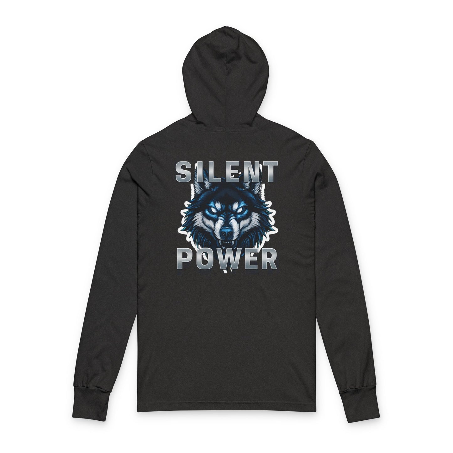 Black hoodie with wolf graphic and 'Silent Power' text on a white background