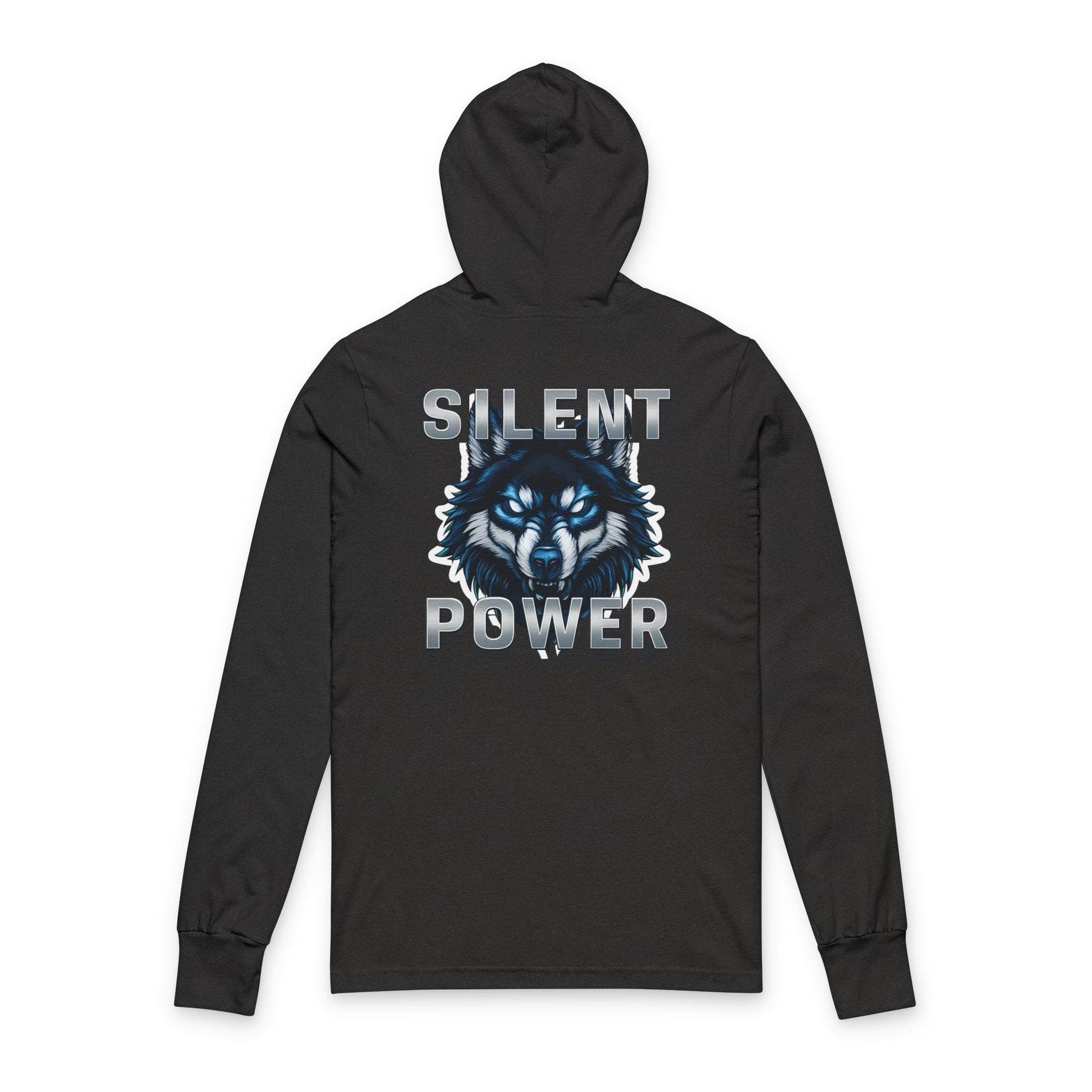 Black hoodie with wolf graphic and 'Silent Power' text on a white background