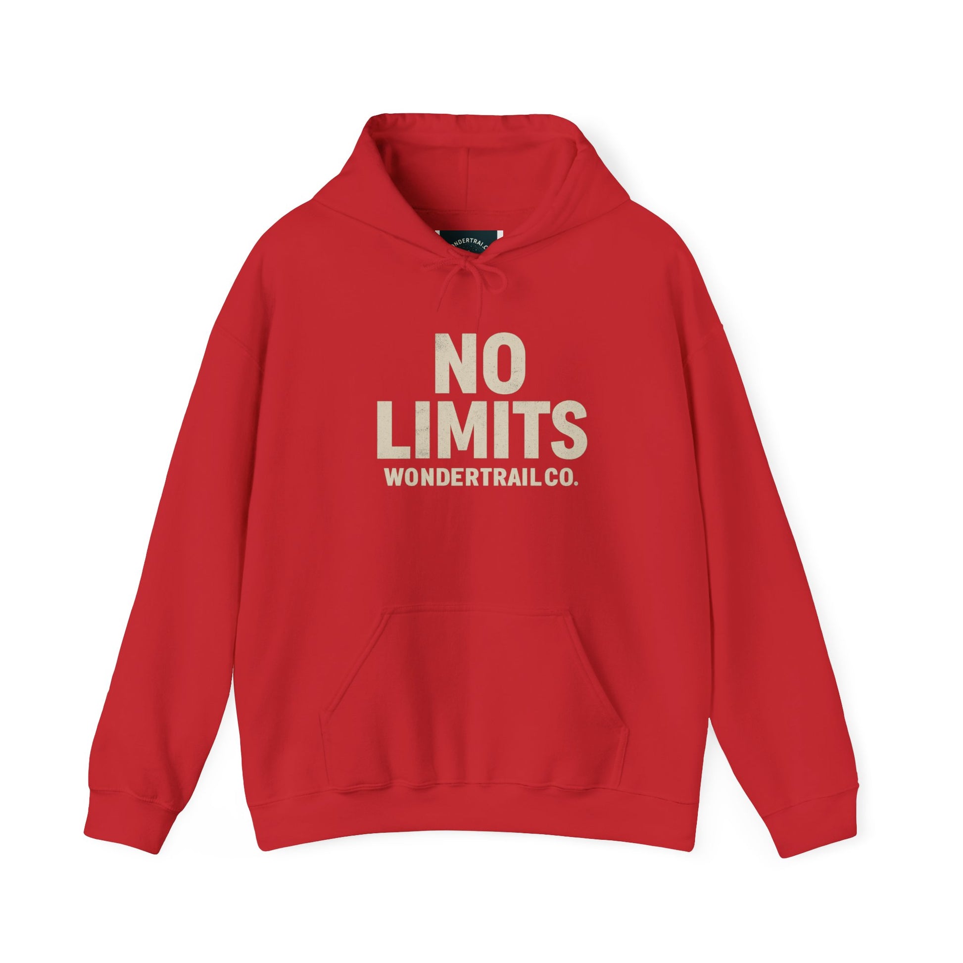 Red hoodie with 'No Limits' text on a white background