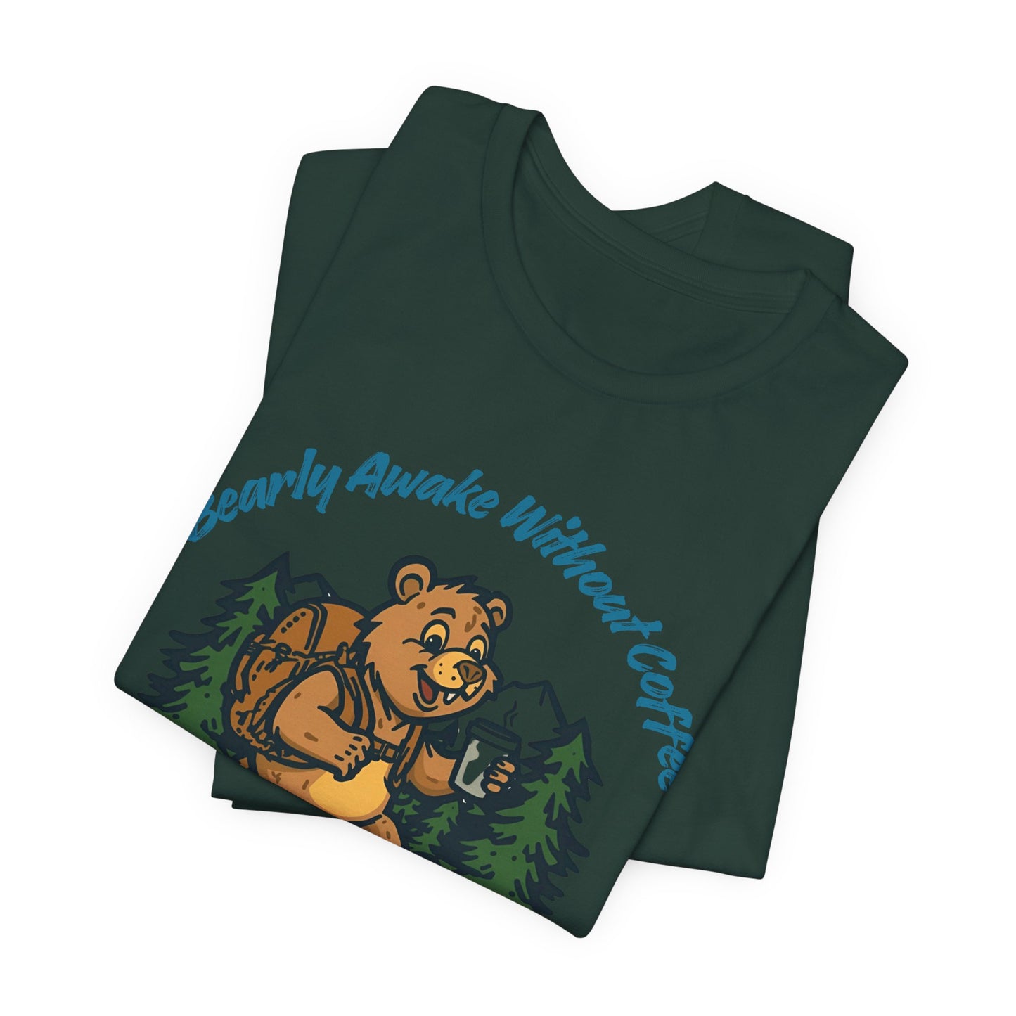 Green t-shirt with bear graphic and text on a white background