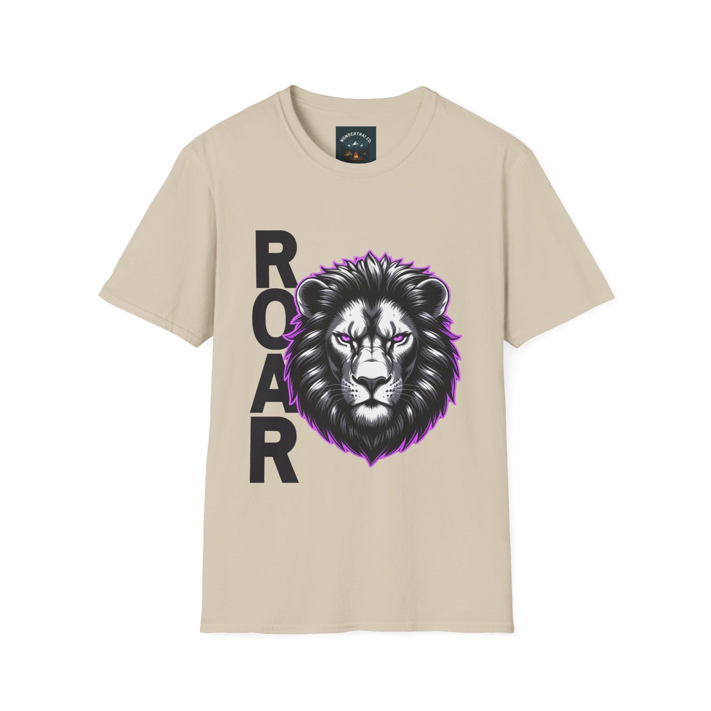 Beige t-shirt with a lion graphic and 'ROAR' text on a white background