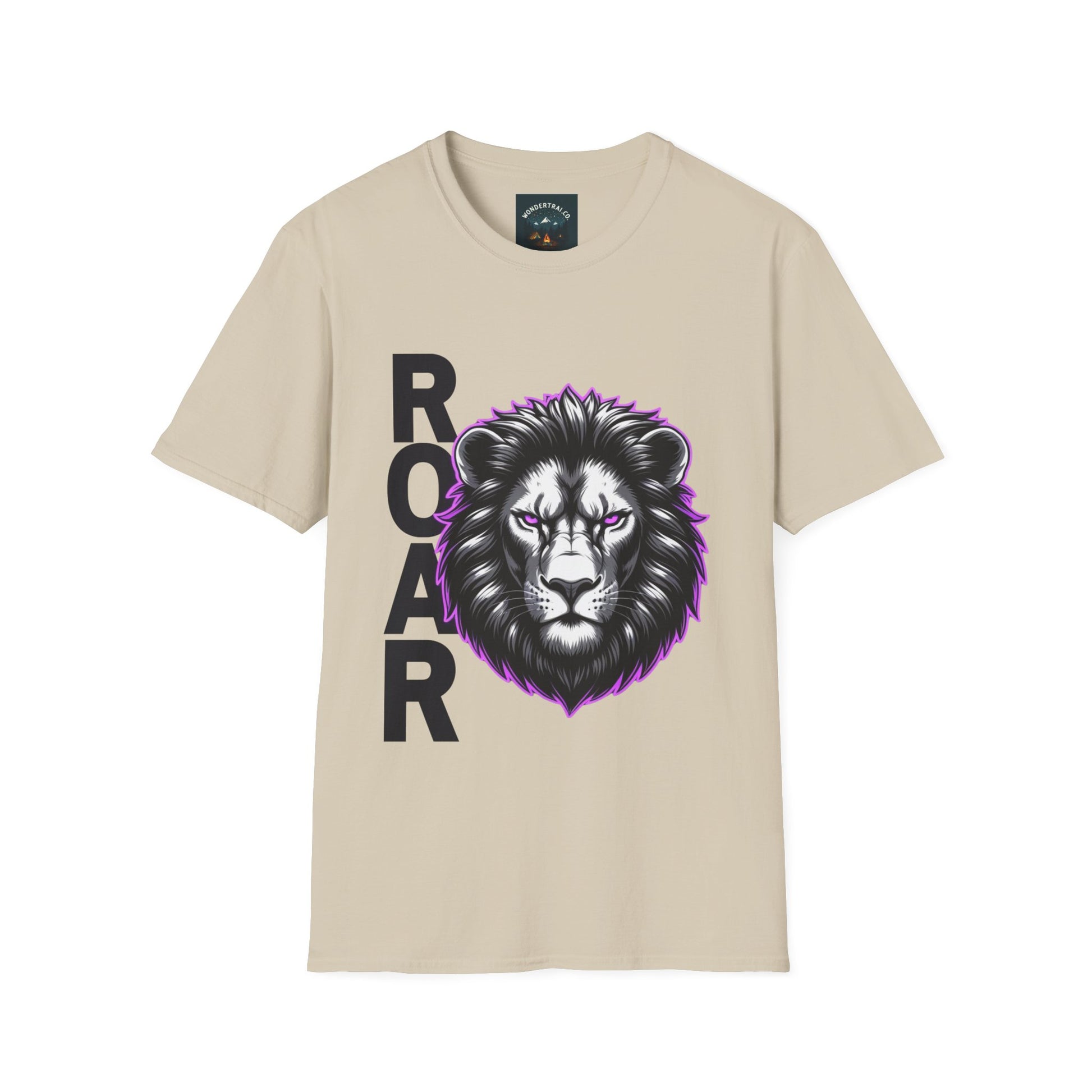 Beige t-shirt with a lion graphic and 'ROAR' text on a white background