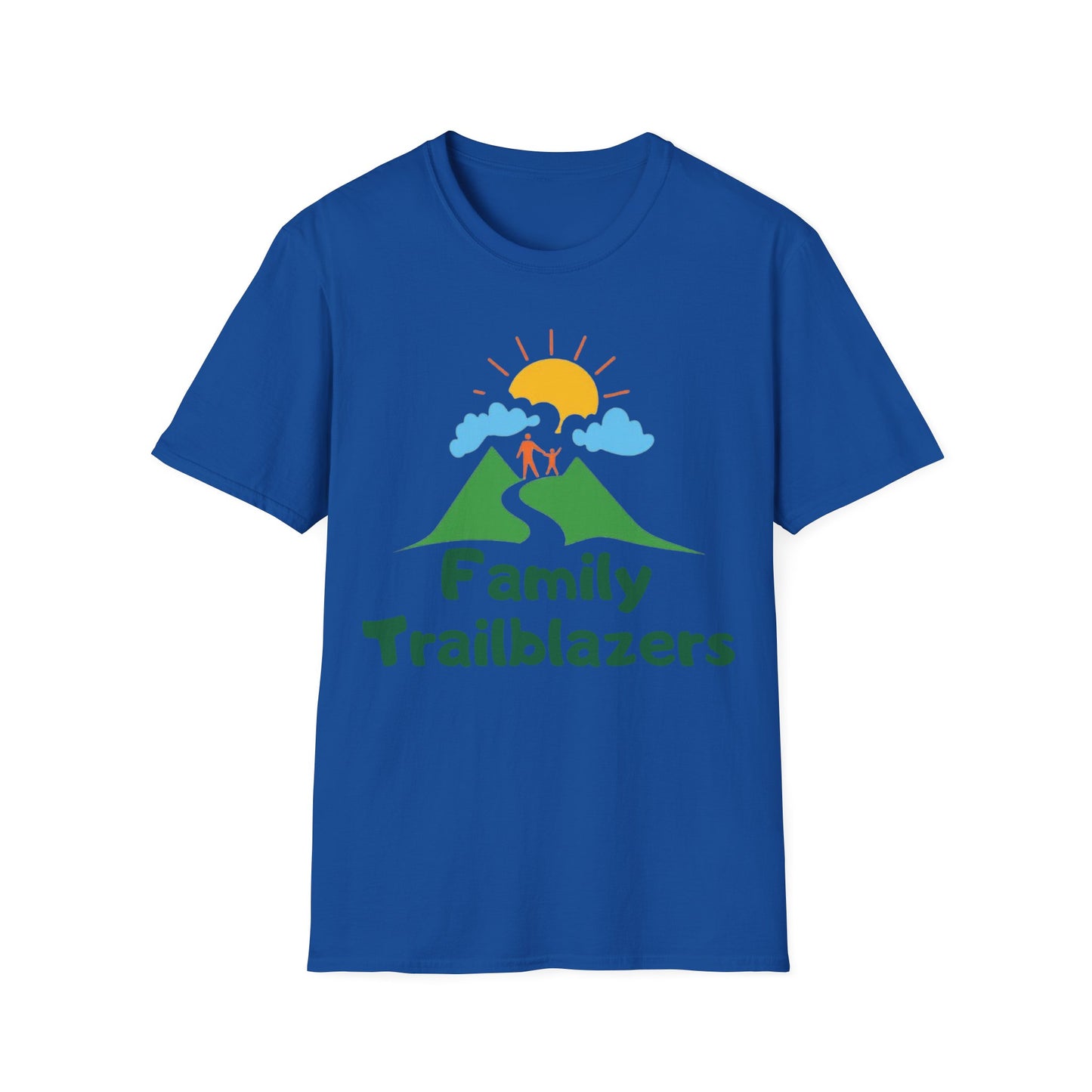 Blue t-shirt with a graphic design of mountains, sun, and text on a white background