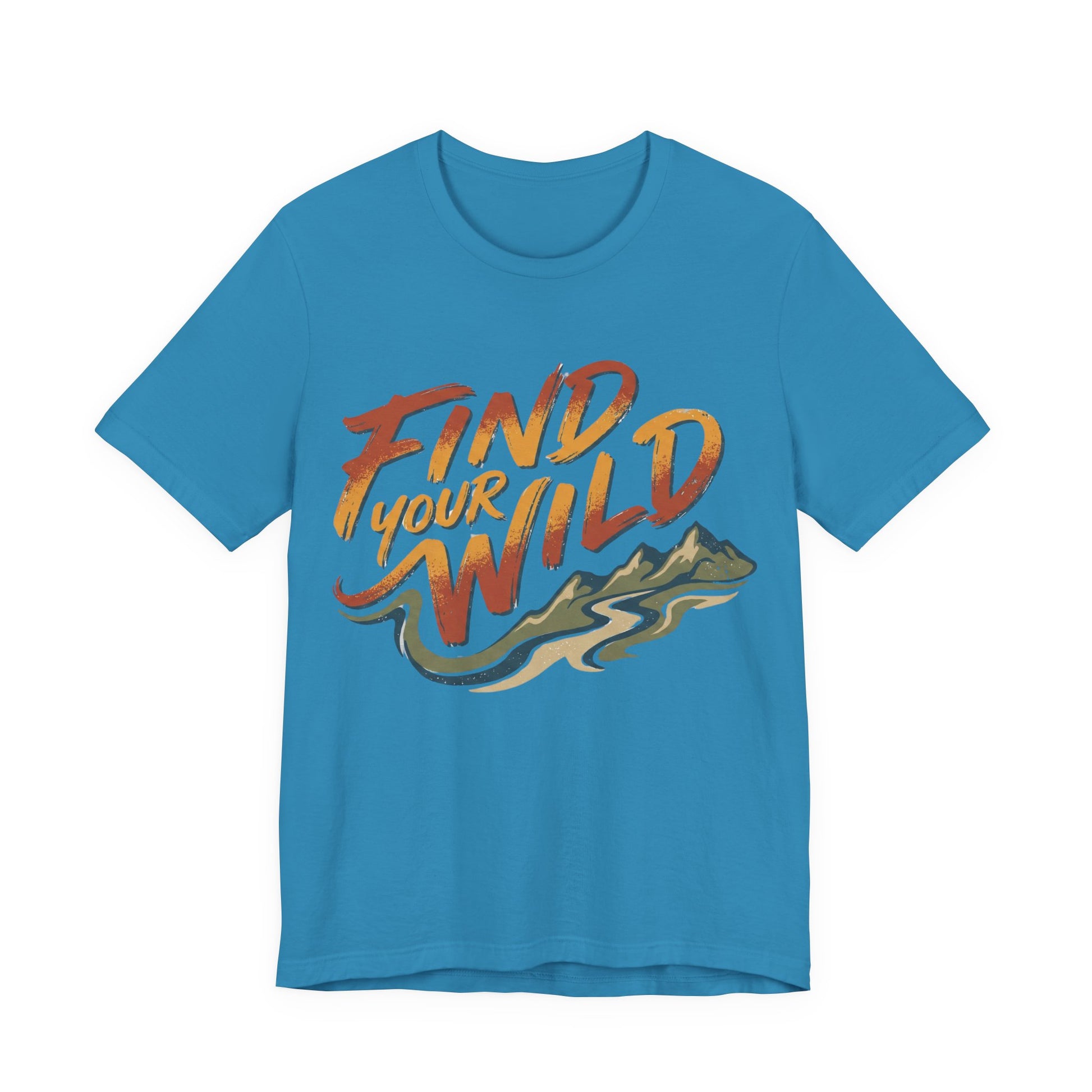 Blue t-shirt with 'Find Your Wild' text and mountain graphic on a white background