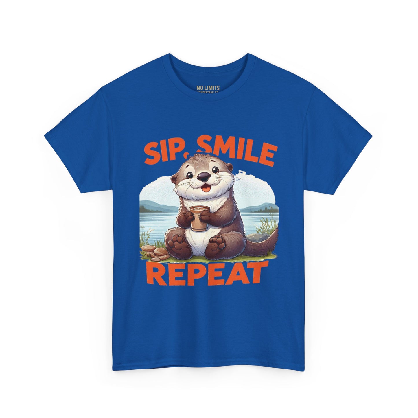 Blue t-shirt with an otter graphic and text 'Sip. Smile. Repeat.' on a white background
