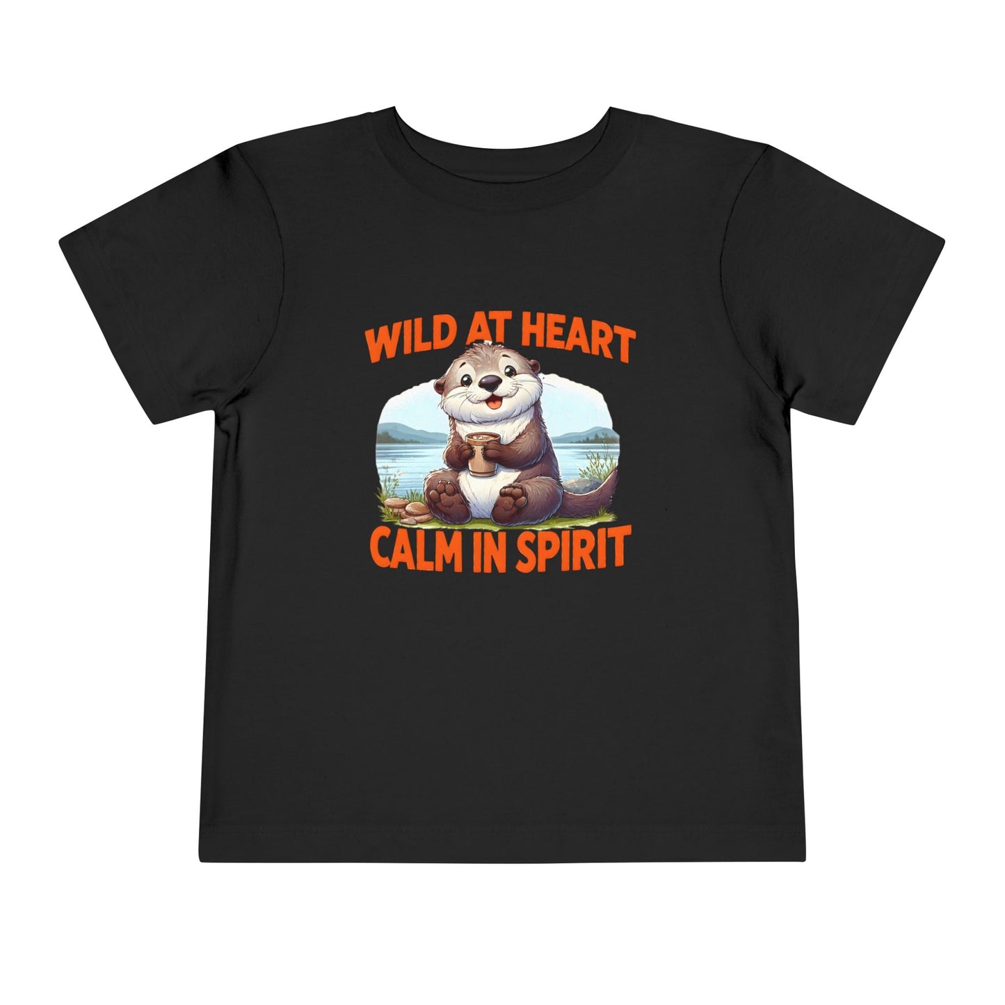 Black t-shirt with a bear graphic and text 'Wild at Heart, Calm in Spirit' on a white background