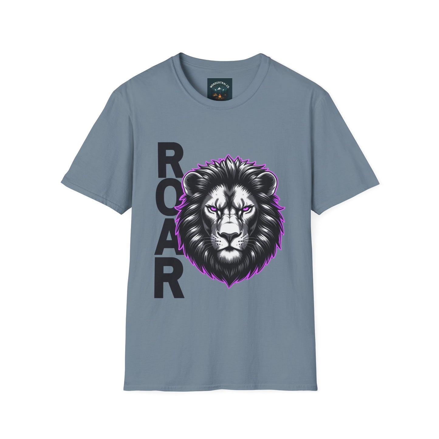 Gray t-shirt with a lion graphic and 'ROAR' text on a white background