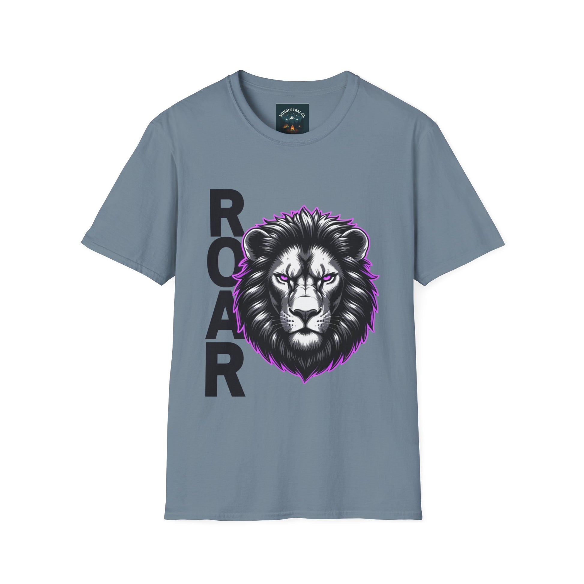 Gray t-shirt with a lion graphic and 'ROAR' text on a white background