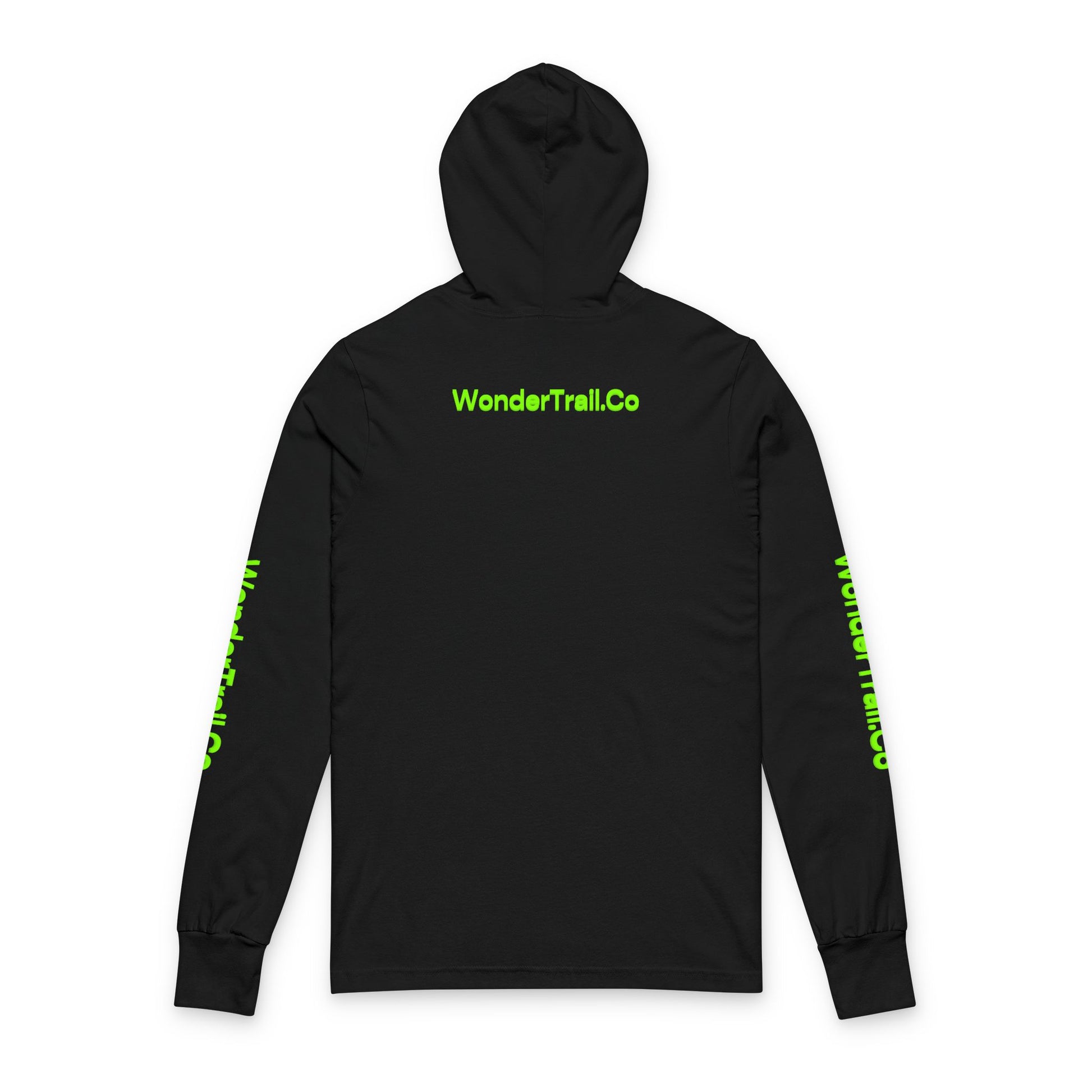 Black hoodie with green text on a white background
