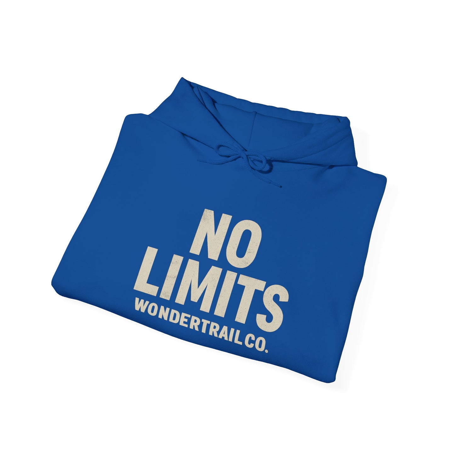 Folded blue hoodie with 'No Limits' text on a white background