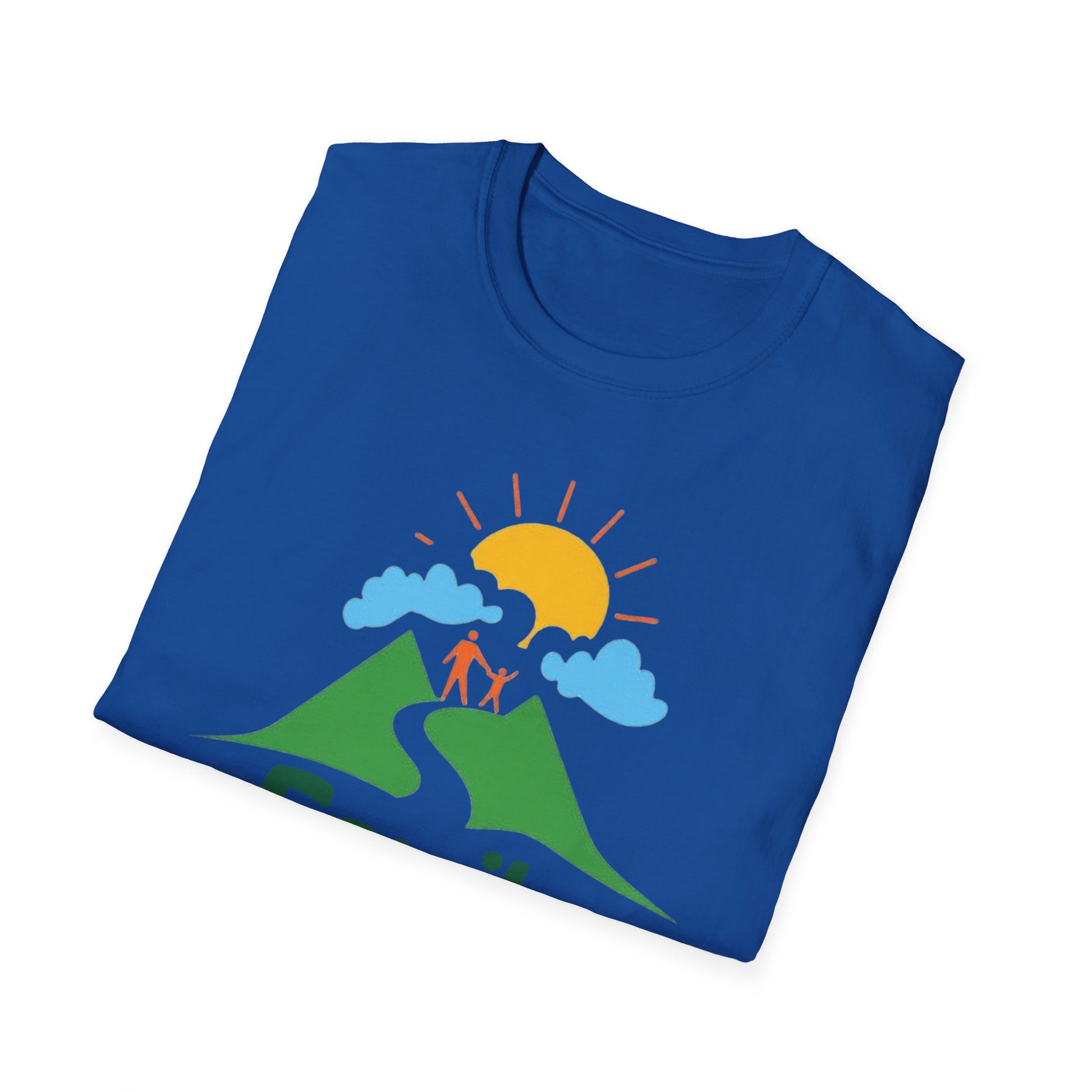 Folded blue t-shirt with a graphic design of mountains, sun, and people on a white background