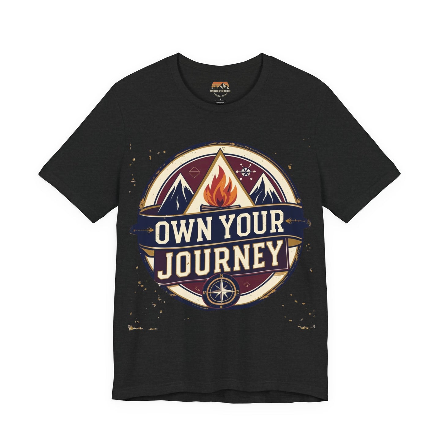 Black t-shirt with 'Own Your Journey' graphic design on a white background