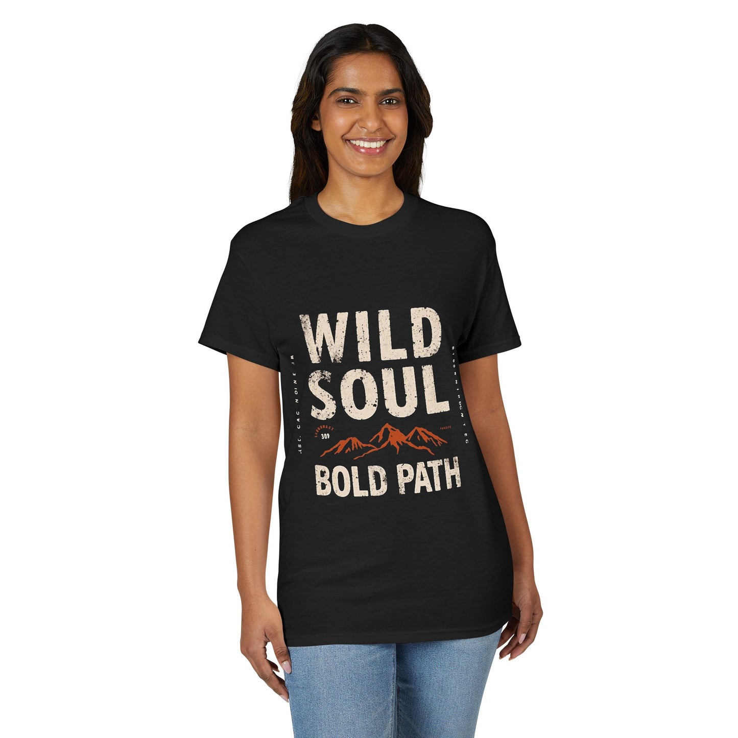 Woman wearing a black t-shirt with 'Wild Soul Bold Path' text and mountain graphic on a white background