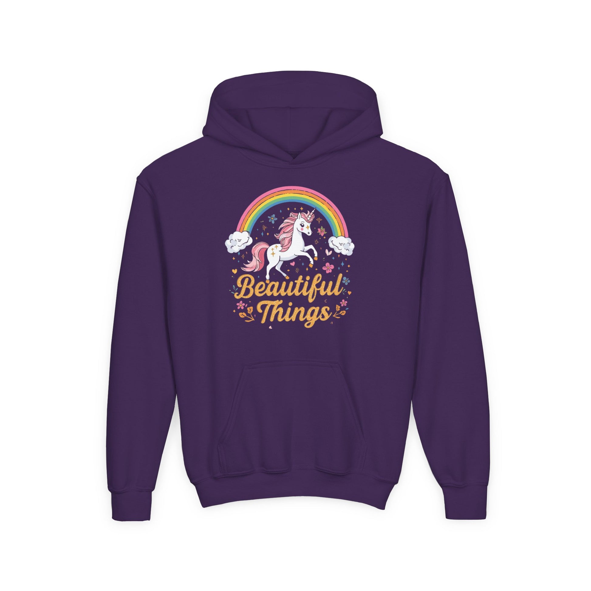 Purple hoodie with a unicorn and rainbow design on a white background