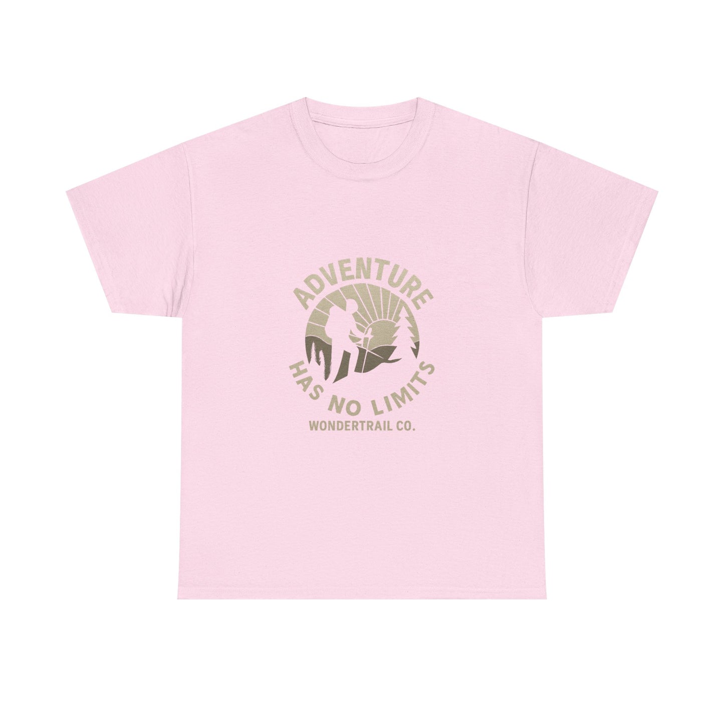 Pink t-shirt with 'Adventure Has No Limits' graphic and 'Wondertrail Co.' text on a white background
