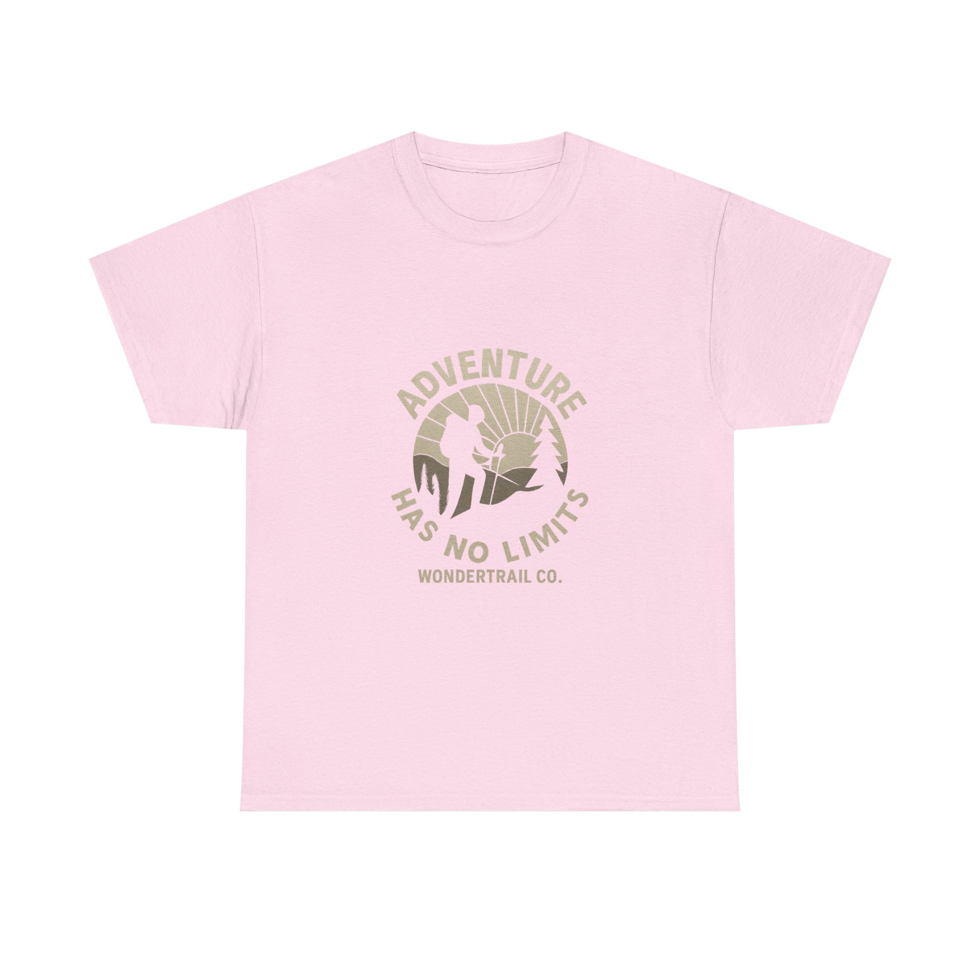 Pink t-shirt with 'Adventure Has No Limits' graphic and 'Wondertrail Co.' text on a white background
