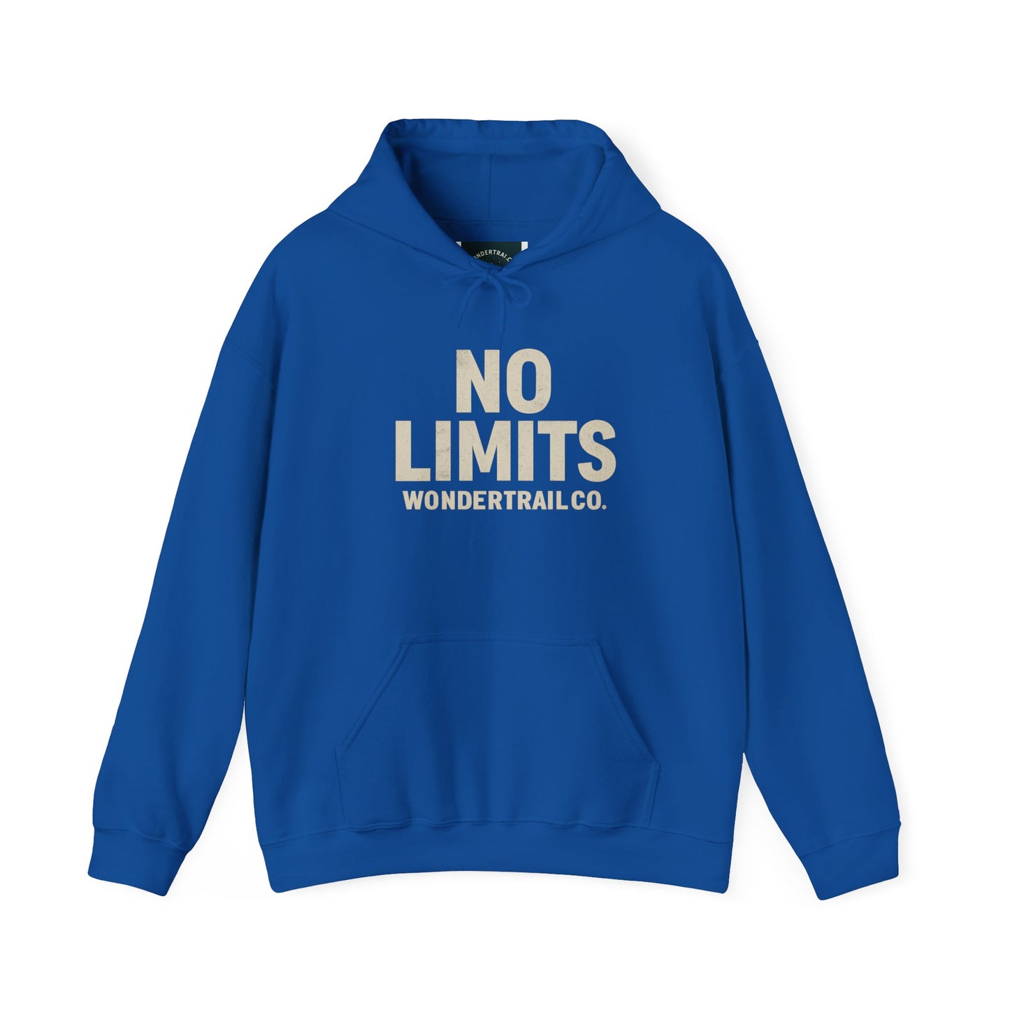 Blue hoodie with 'NO LIMITS WONDERTRAIL CO.' text on a white background