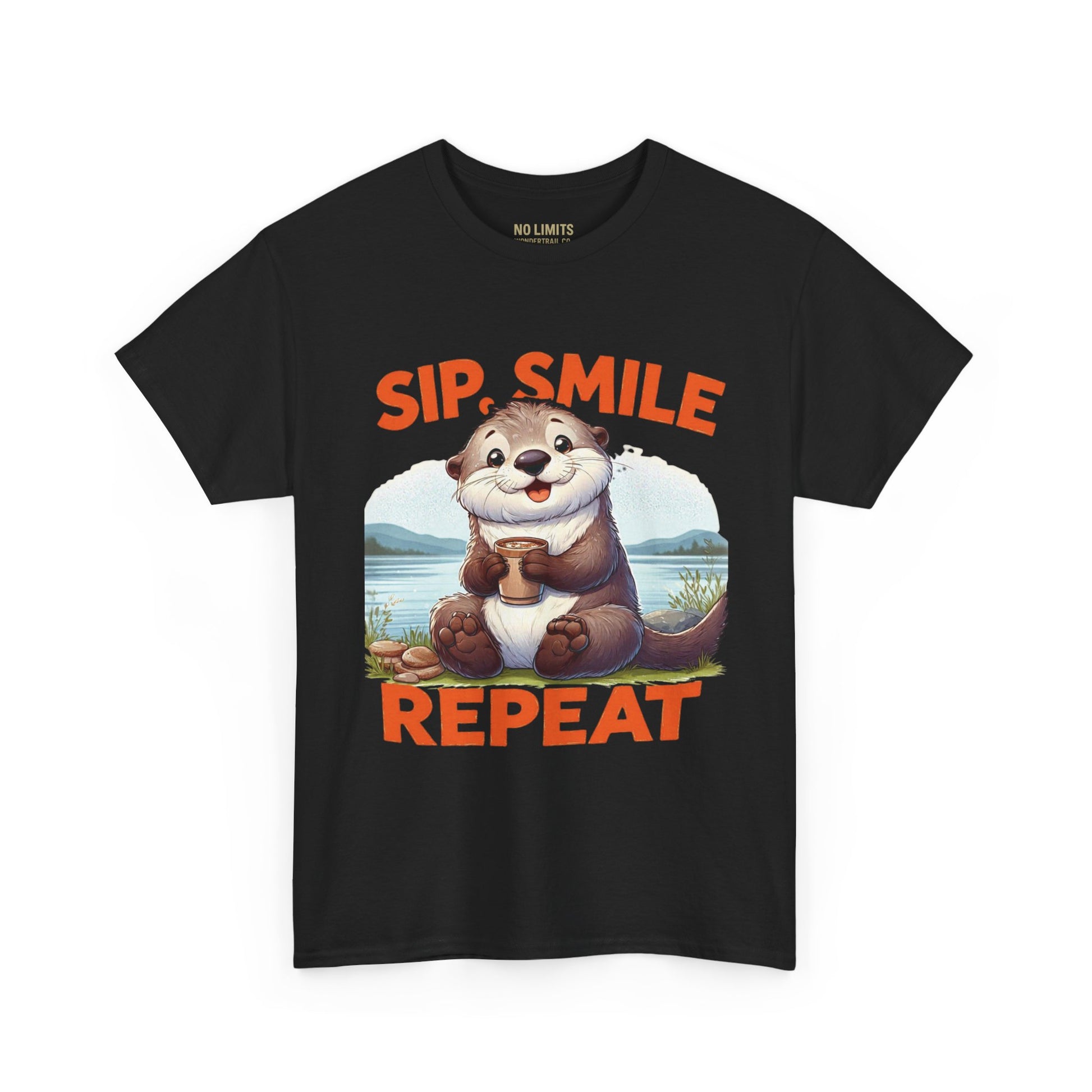 Black t-shirt with an otter graphic and 'Sip, Smile, Repeat' text on a white background