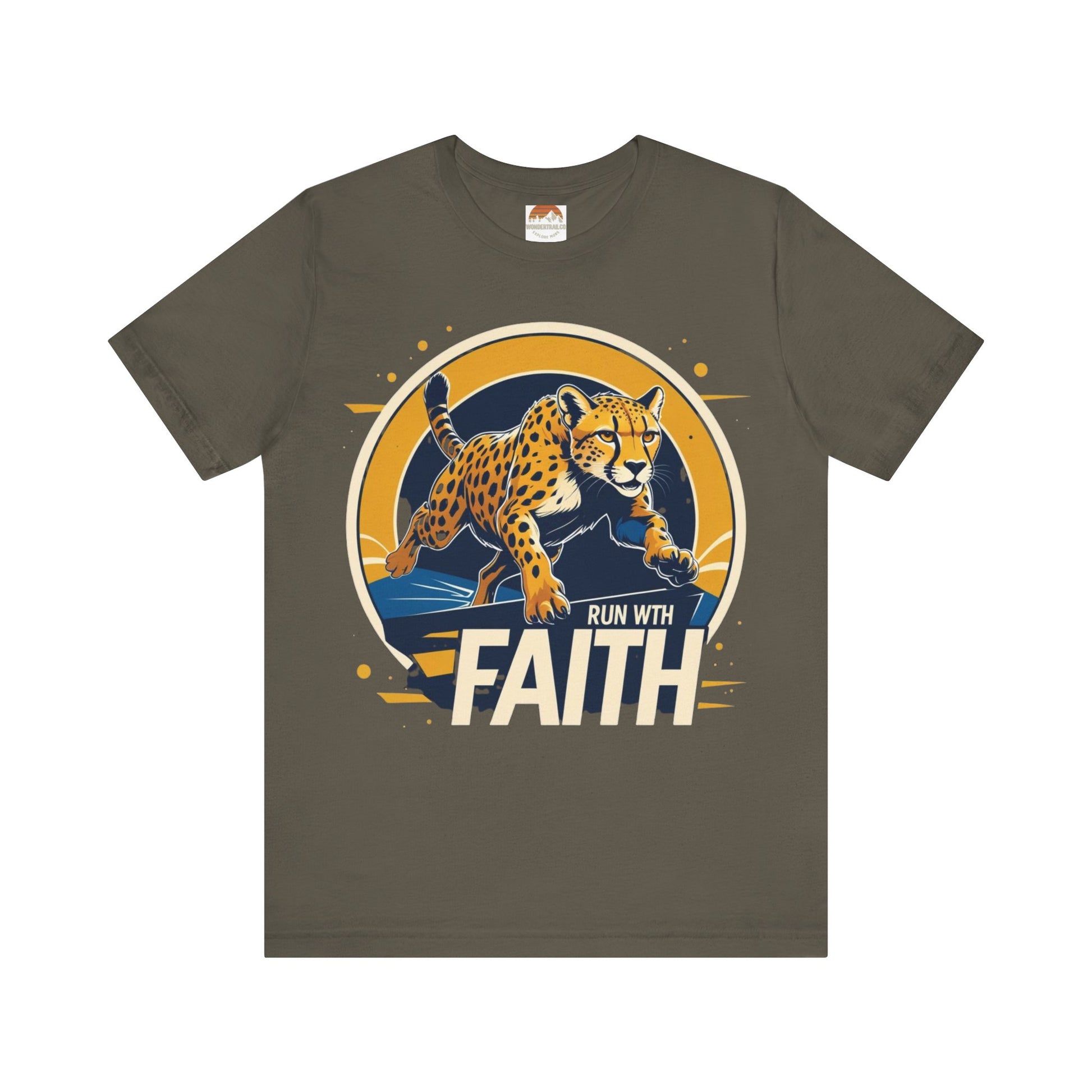 Brown t-shirt with a cheetah graphic and 'Run with Faith' text on a white background