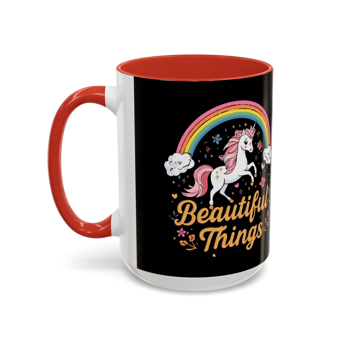Mug with unicorn and rainbow design on a black background