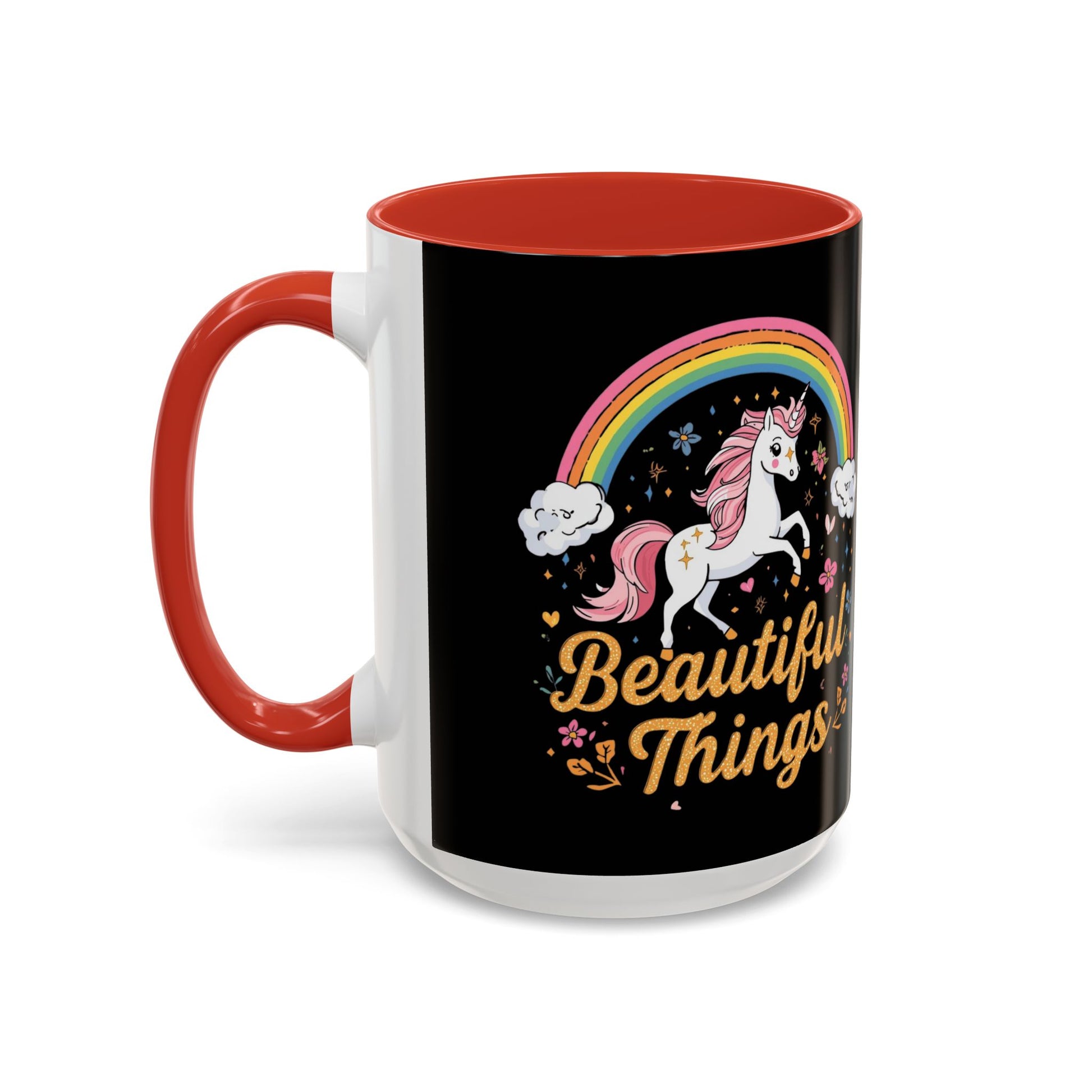 Mug with unicorn and rainbow design on a black background