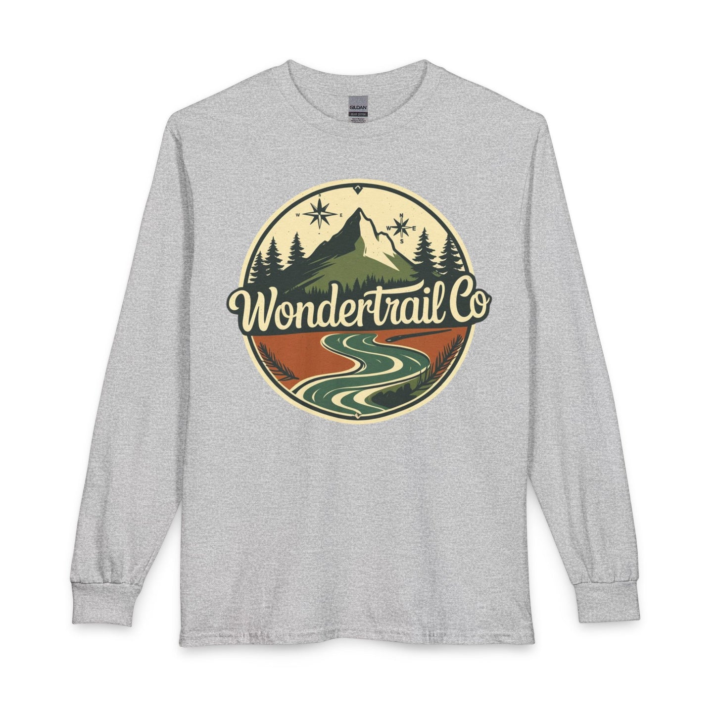Gray long-sleeve shirt with 'Wondertrail Co' logo featuring a mountain and nature design on a white background.