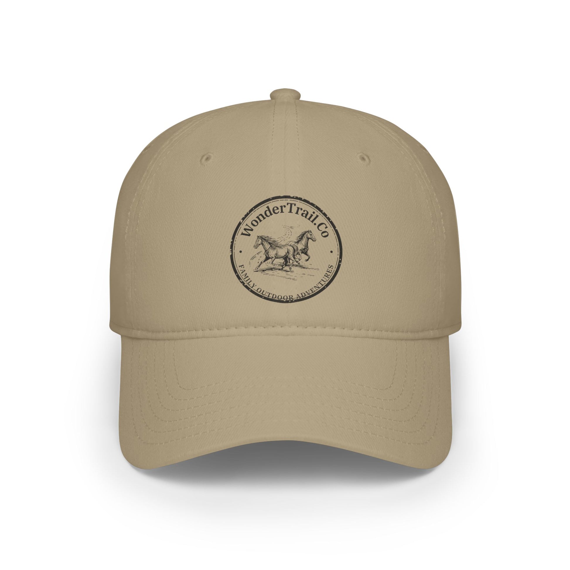 Beige cap with WonderTrailCo logo on a white background