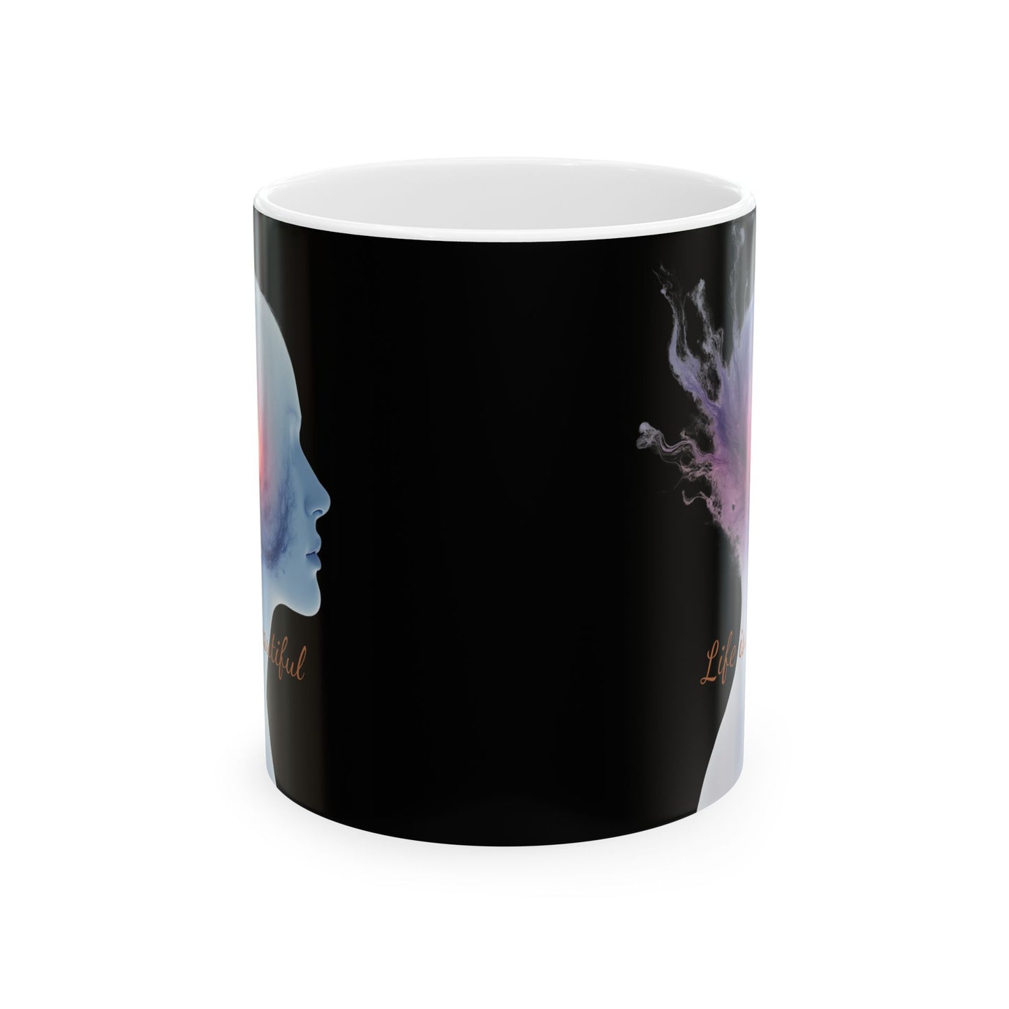 Black mug with artistic design of a face and smoke on a white background