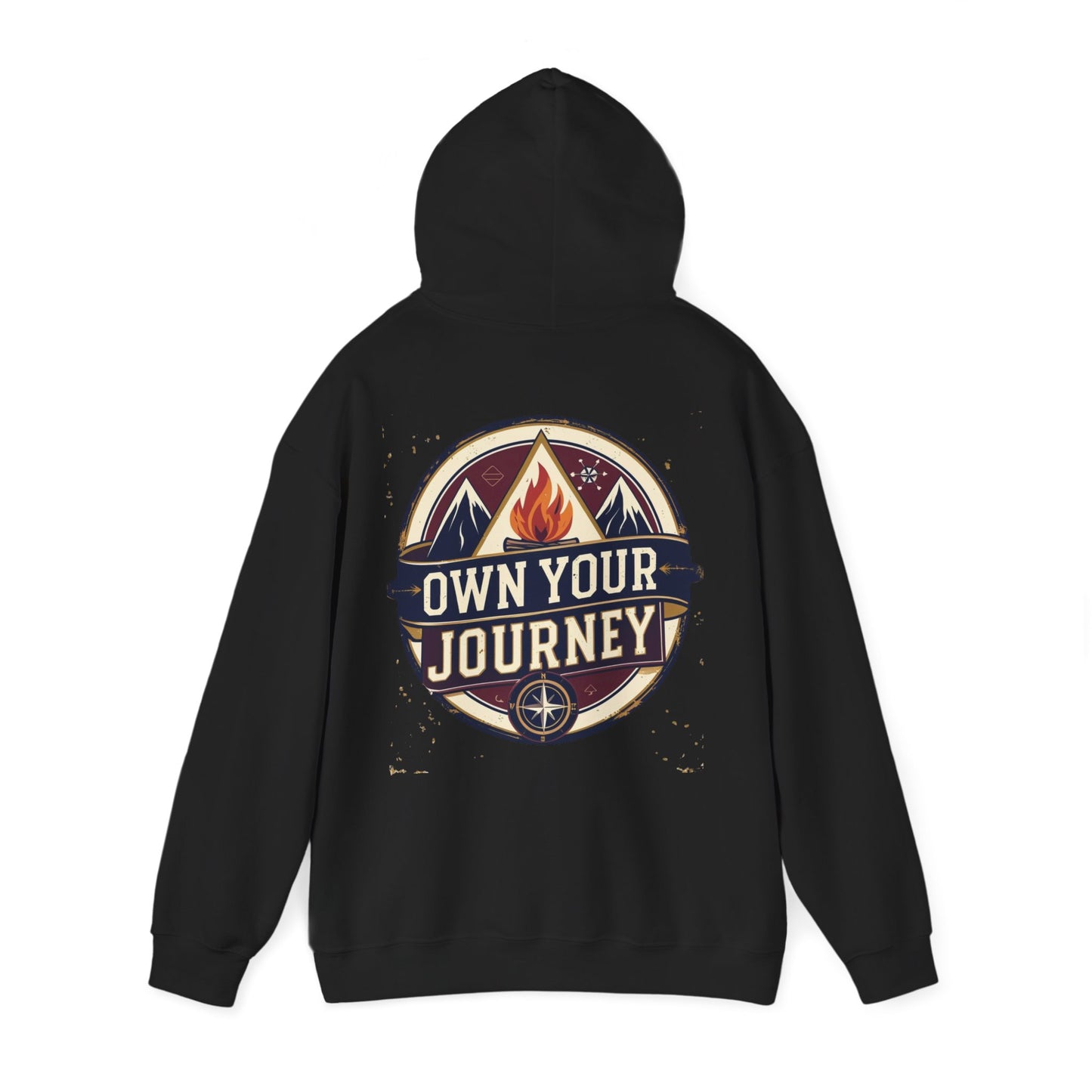 Black hoodie with 'Own Your Journey' graphic on the back against a white background