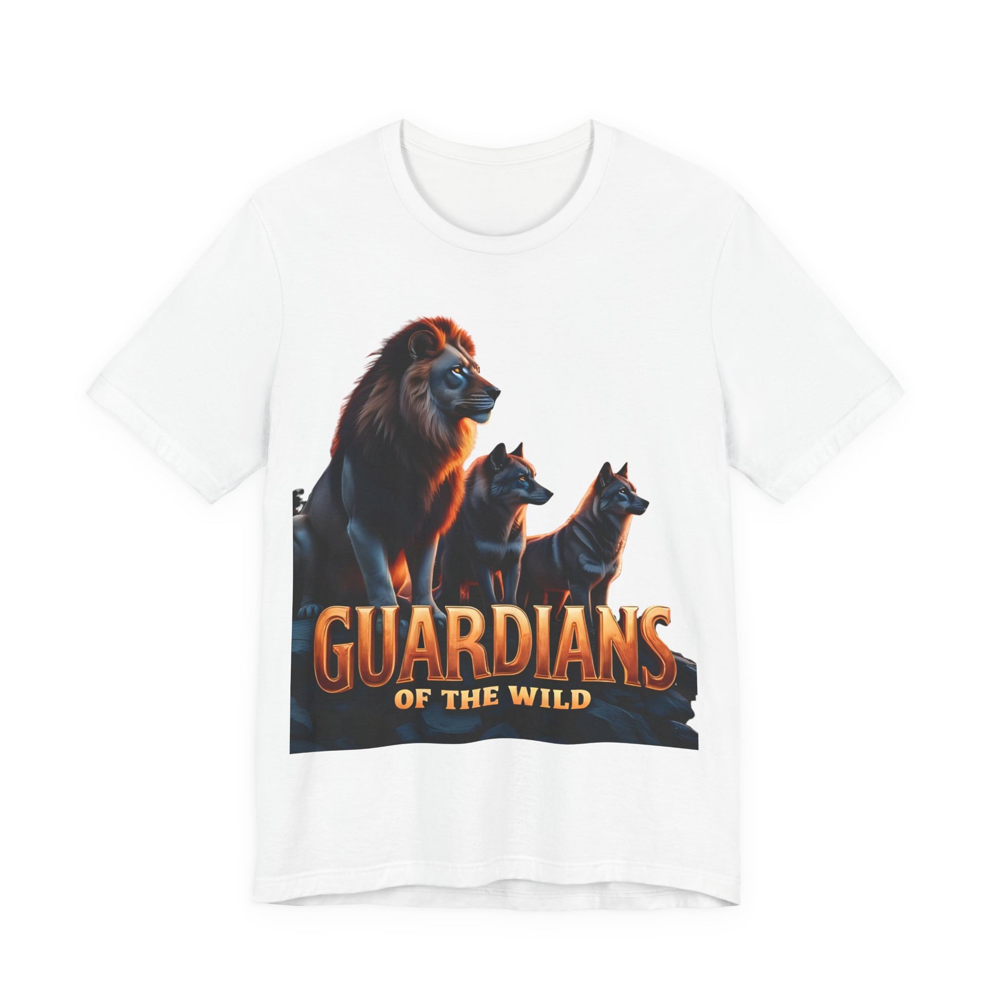 White t-shirt with 'Guardians of the Wild' graphic featuring lions on a white background
