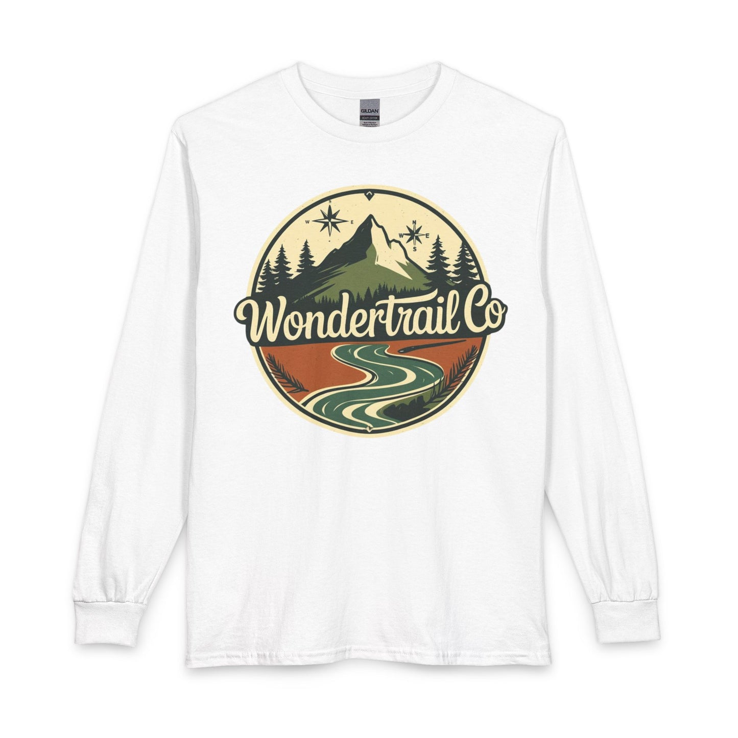 White long-sleeve shirt with 'Wondertrail Co' logo on a white background