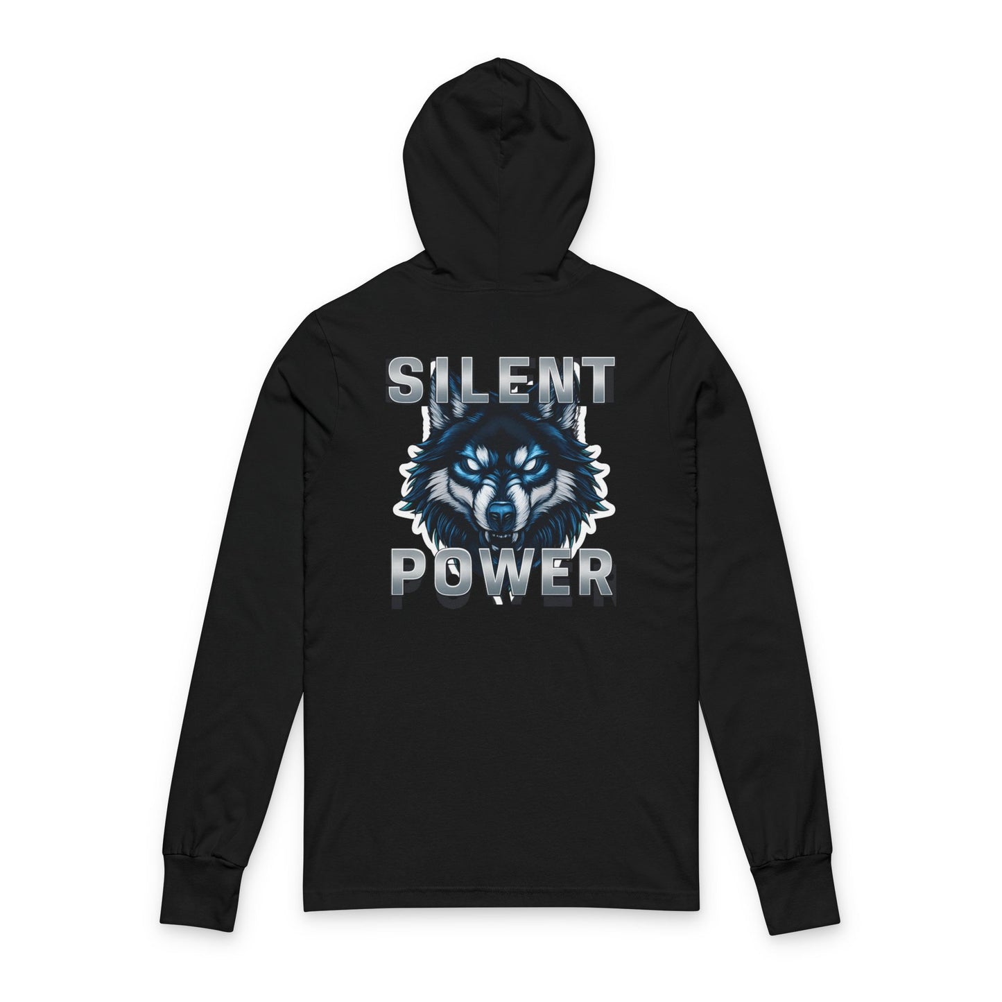 Black hoodie with wolf graphic and 'Silent Power' text on a white background